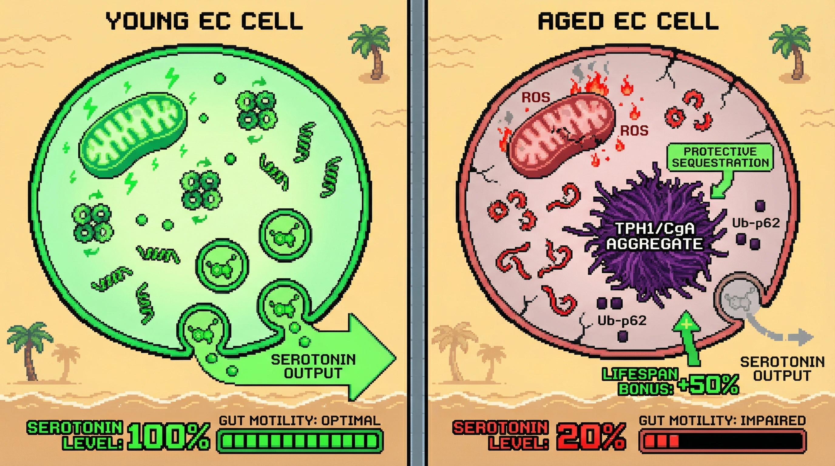 Mechanism: In aged enterochromaffin cells, TPH1 and Chromogranin A form inert amyloid-like aggregates due to oxidative stress, reducing serotonin output. Readout: Readout: This aggregation, while impairing gut motility, serves as a protective sequestration strategy that extends cellular lifespan.