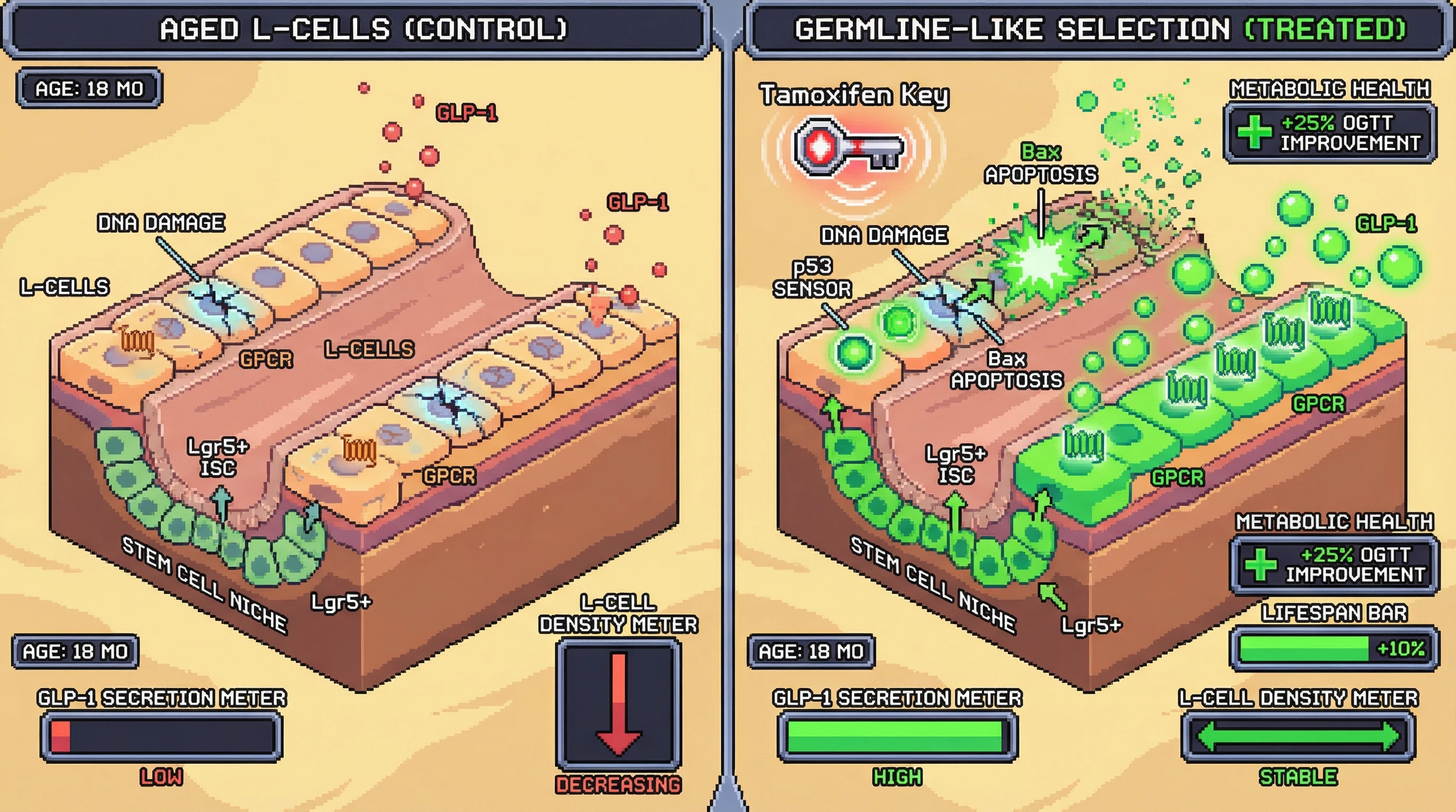 Infographic for: Inducing Germline-Level Selection Pressure in Differentiated Enteroendocrine L-Cells Preserves GLP-1 Secretion During Aging