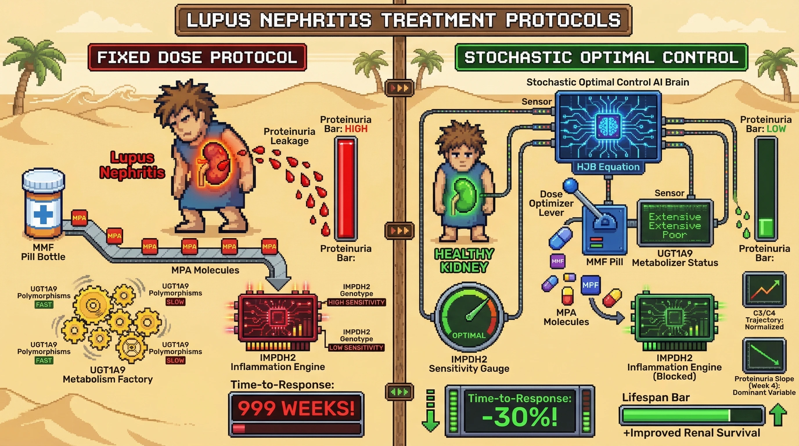 Mechanism: Individualized MMF dosing, informed by patient pharmacogenomics (UGT1A9, IMPDH2) and real-time clinical biomarkers, precisely targets the IMPDH2 enzyme to reduce renal inflammation. Readout: Readout: This stochastic optimal control strategy reduces median time-to-complete-renal-response by over 30% compared to fixed-dose protocols.