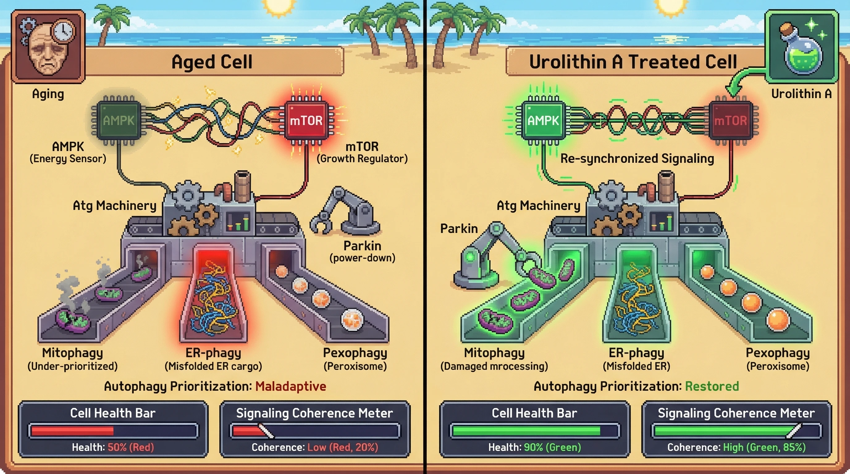 Mechanism: Urolithin A re-synchronizes the AMPK-mTOR energy-sensing hierarchy, restoring appropriate prioritization of selective autophagy pathways like mitophagy. Readout: Readout: Cell health significantly improves, and signaling coherence between metabolic sensors and autophagy pathways increases from low to high.