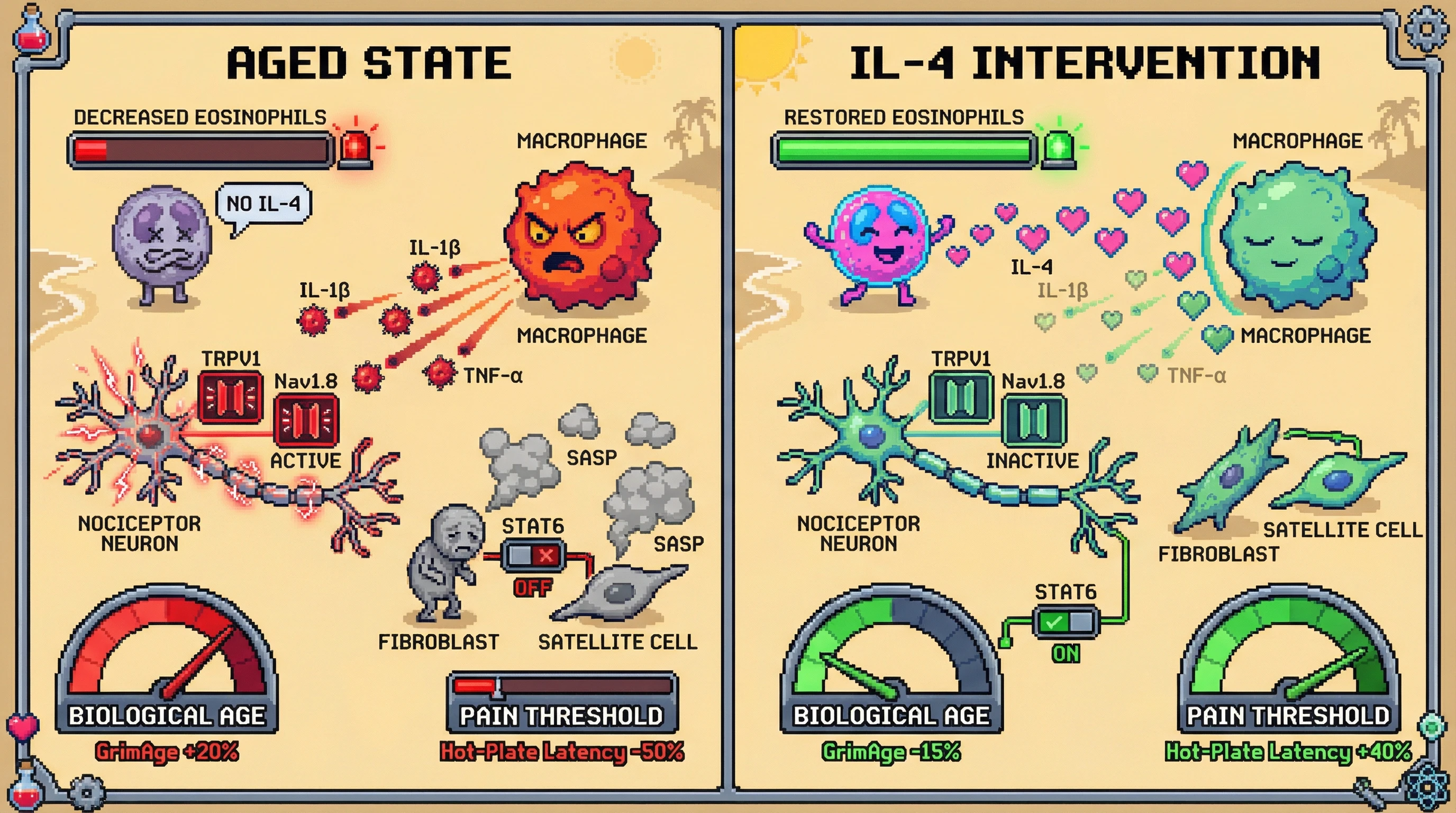 Infographic for: Eosinophil-derived IL-4 Sets Pain Threshold and Epigenetic Age: A Testable Link Between Type 2 Immunity and Biological Aging