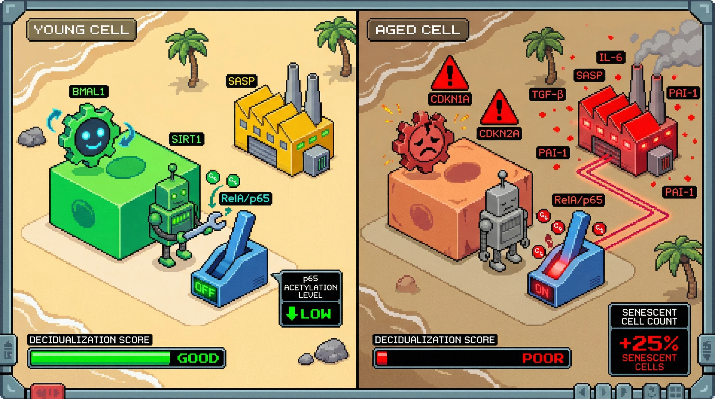 Infographic for: BMAL1‑SIRT1 axis gates a senescent stromal subprogram that blocks decidualization in the aging endometrium