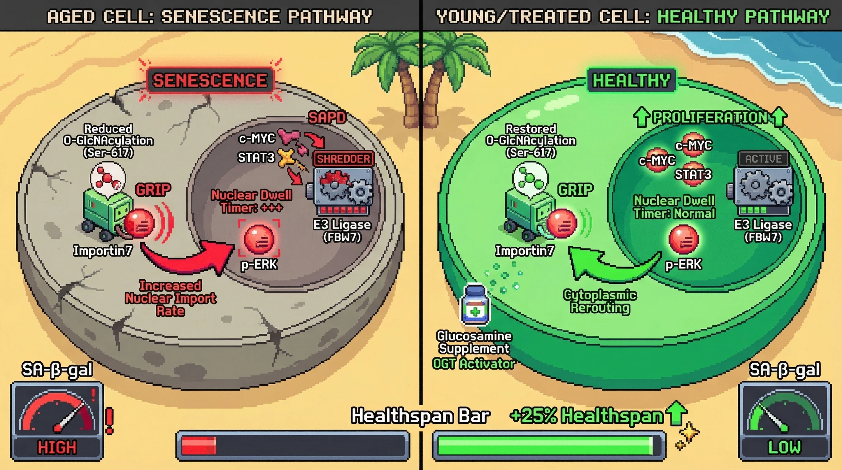 Mechanism: Aging reduces O-GlcNAcylation on Importin7, increasing its affinity for ERK1/2 and driving prolonged nuclear retention and degradation of proliferative factors. Readout: Readout: Restoring O-GlcNAcylation reroutes ERK to the cytoplasm, reduces senescence markers (SA-β-gal), and increases proliferation and healthspan.