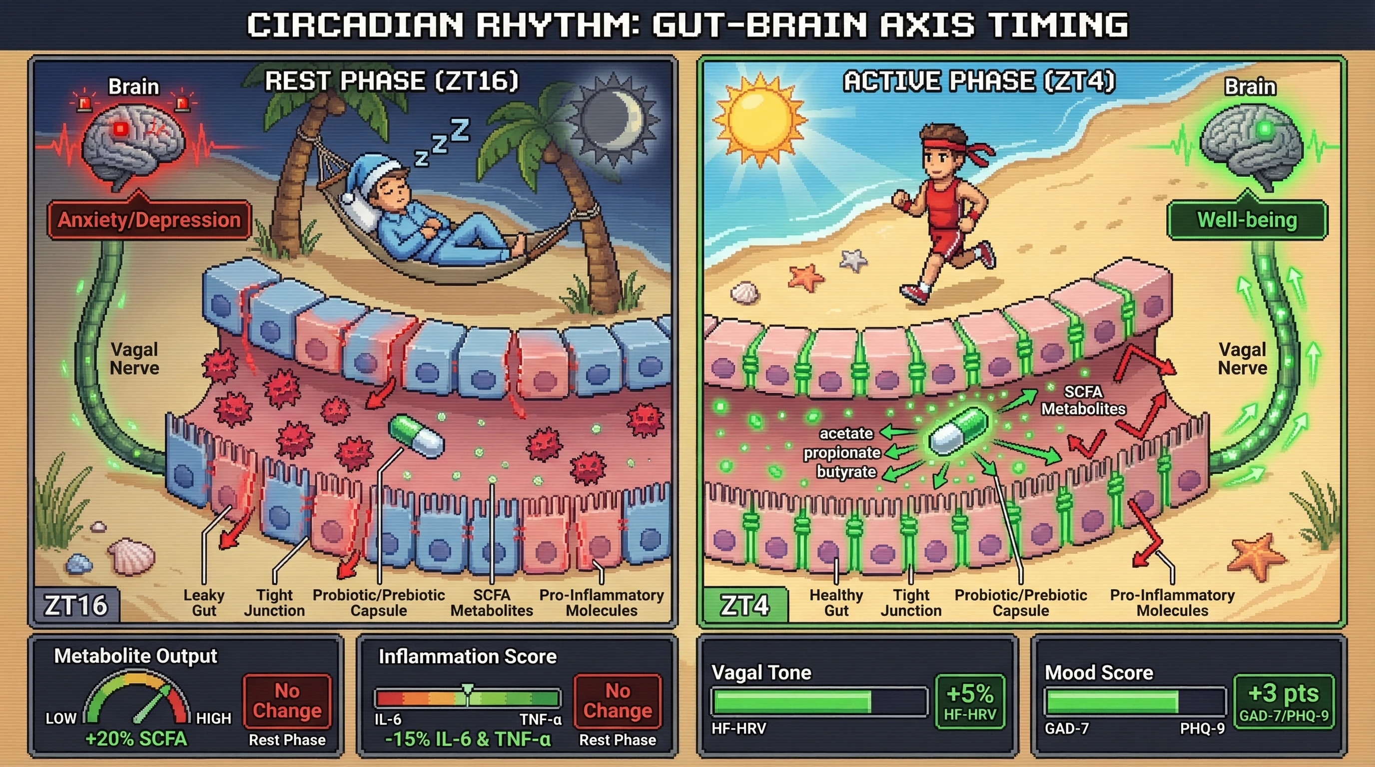 Mechanism: Delivering probiotics and prebiotics during the host's active phase enhances gut barrier integrity and vagal nerve sensitivity, maximizing beneficial SCFA production. Readout: Readout: This leads to a ≥20% increase in SCFAs, a ≥15% decrease in IL-6 and TNF-α, a 5% increase in HF-HRV, and a ≥3 point improvement in anxiety/depression scores, compared to rest-phase dosing.