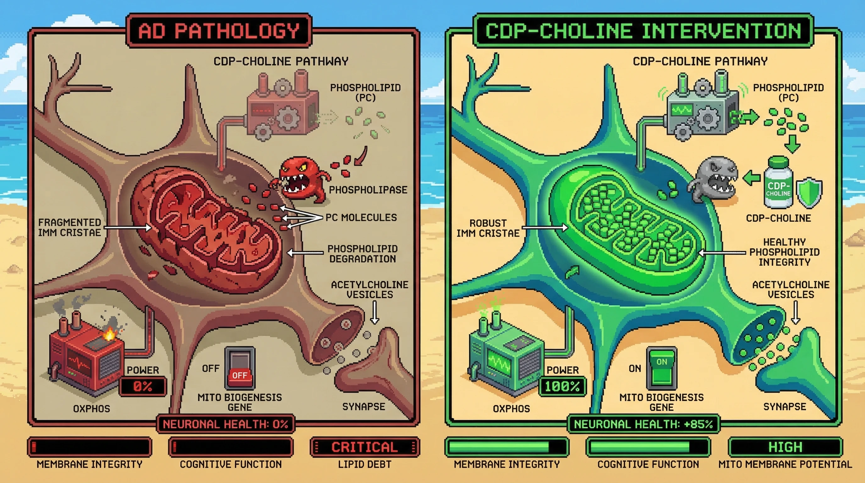 Mechanism: Declining CDP-choline pathway efficiency leads to mitochondrial membrane cannibalization and OXPHOS collapse, causing synaptic retraction. Readout: Readout: High-dose CDP-choline intervention restores mitochondrial membrane integrity and potential, improving neuronal health and cognitive function.