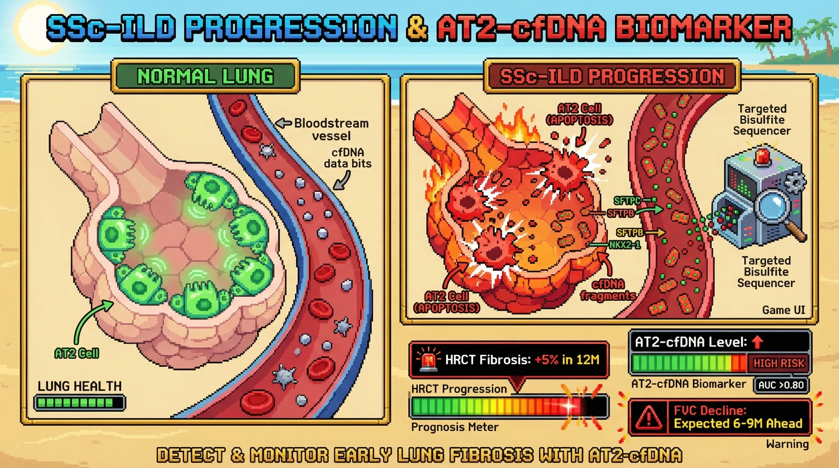 Mechanism: Apoptosis of Alveolar Type II (AT2) cells in SSc-ILD releases specific methylated cfDNA fragments into circulation. Readout: Readout: Elevated AT2-cfDNA levels serve as an early biomarker, predicting HRCT-confirmed fibrosis progression and FVC decline 6-12 months in advance.
