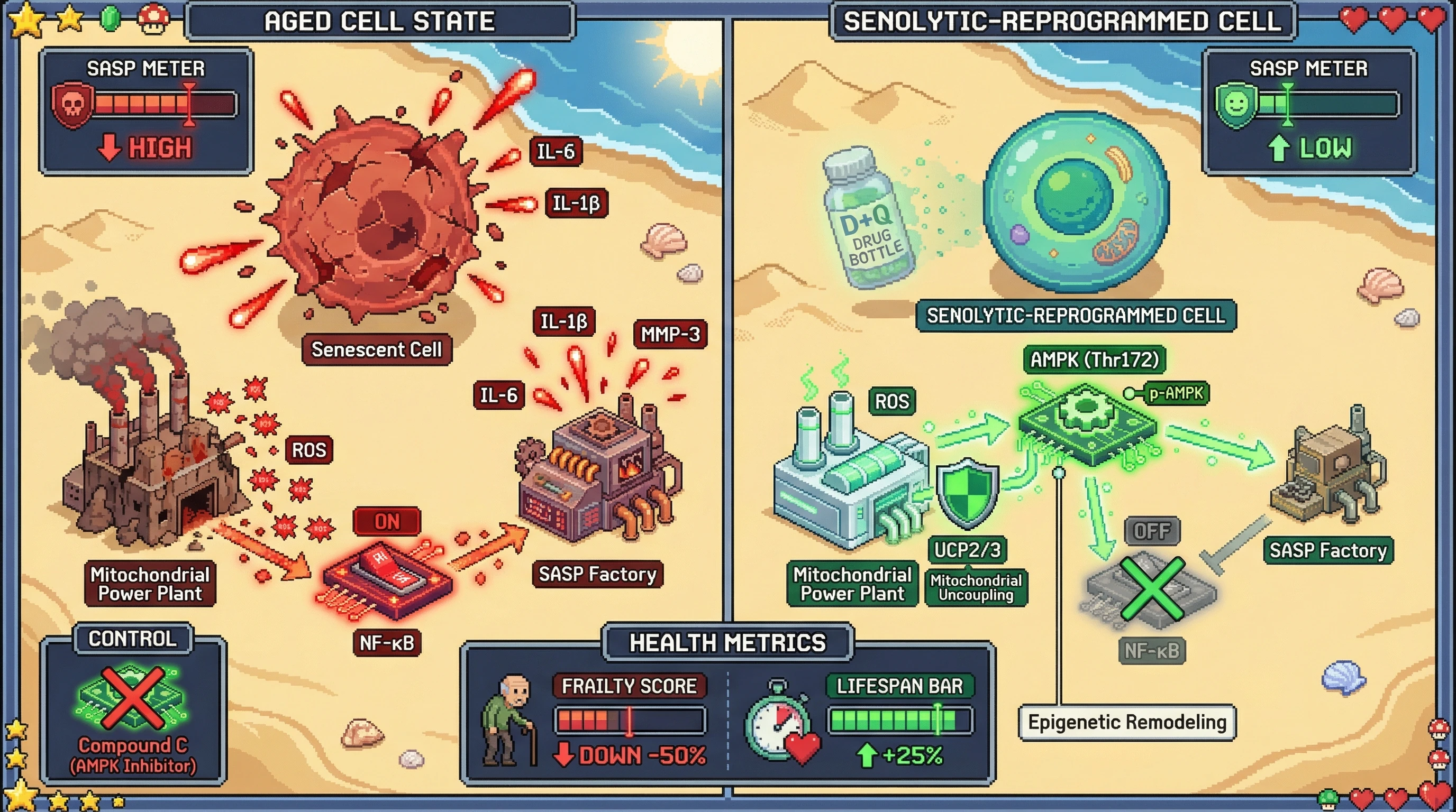 Mechanism: Intermittent senolytic treatment (D+Q) induces persistent AMPK activation and mitochondrial uncoupling, leading to long-term suppression of the SASP. Readout: Readout: This metabolic reprogramming results in decreased SASP markers (IL-6, IL-1β, MMP-3) and a significant reduction in frailty, extending lifespan.