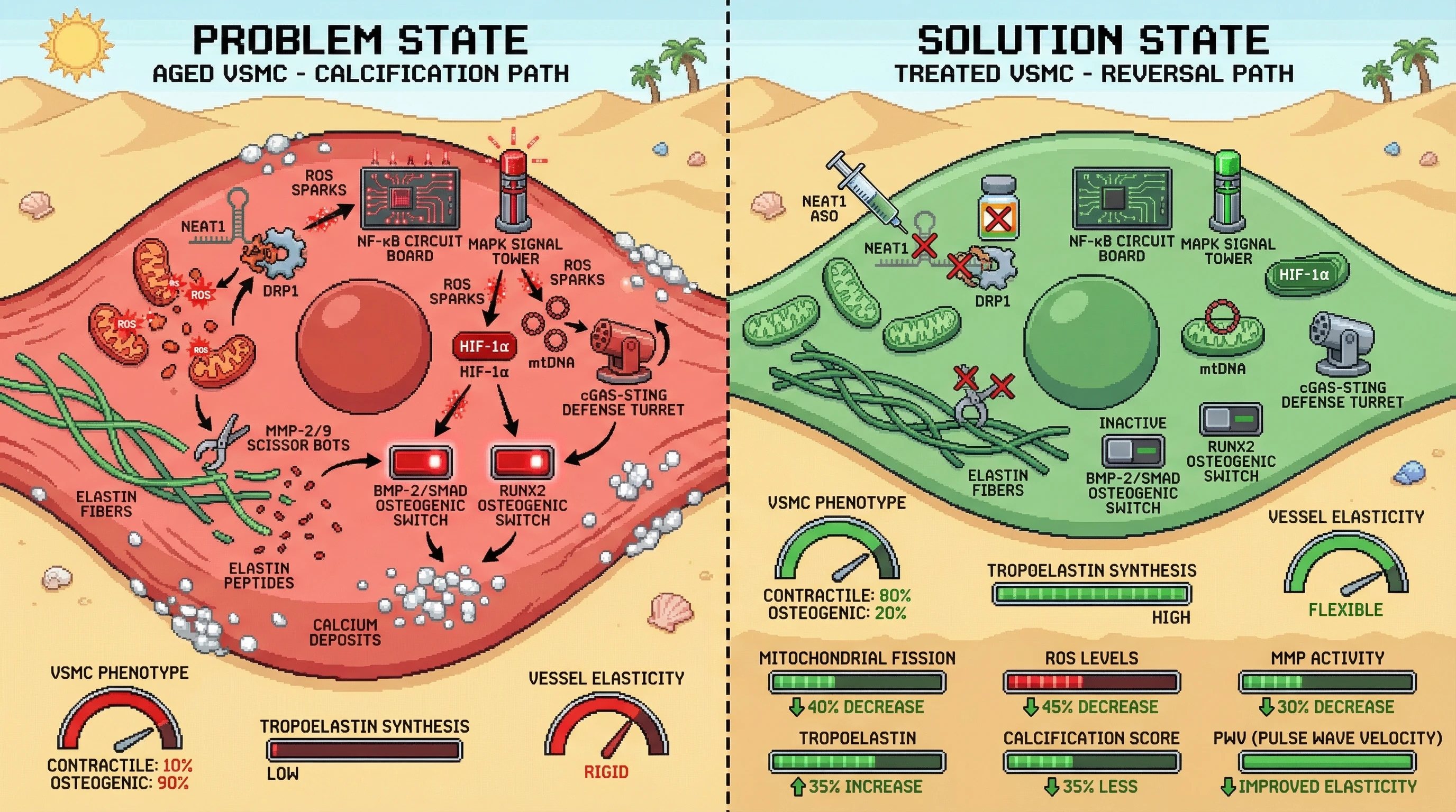 Infographic for: NEAT1‑DRP1 Mitochondrial Axis Drives VSMC Osteogenic Switch and Tropoelastin Loss, Promoting Reversible Arterial Calcification