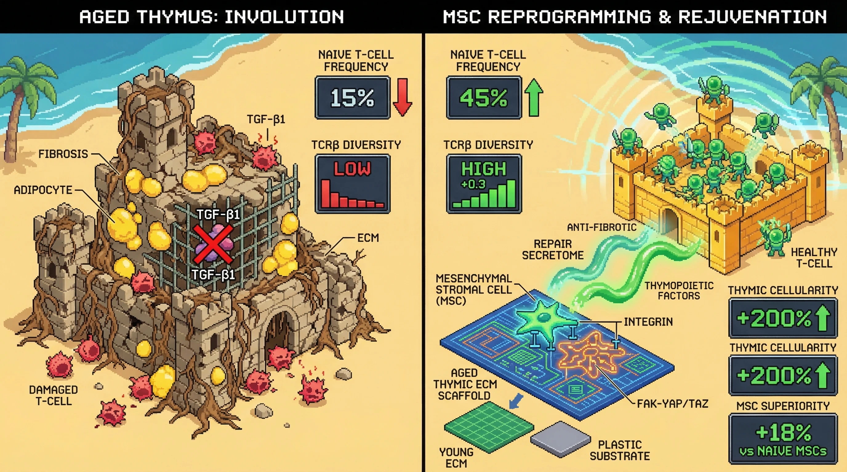 Infographic for: Decellularized aged thymic ECM acts as a damage-specific instructional scaffold that reprograms MSC secretome toward ...