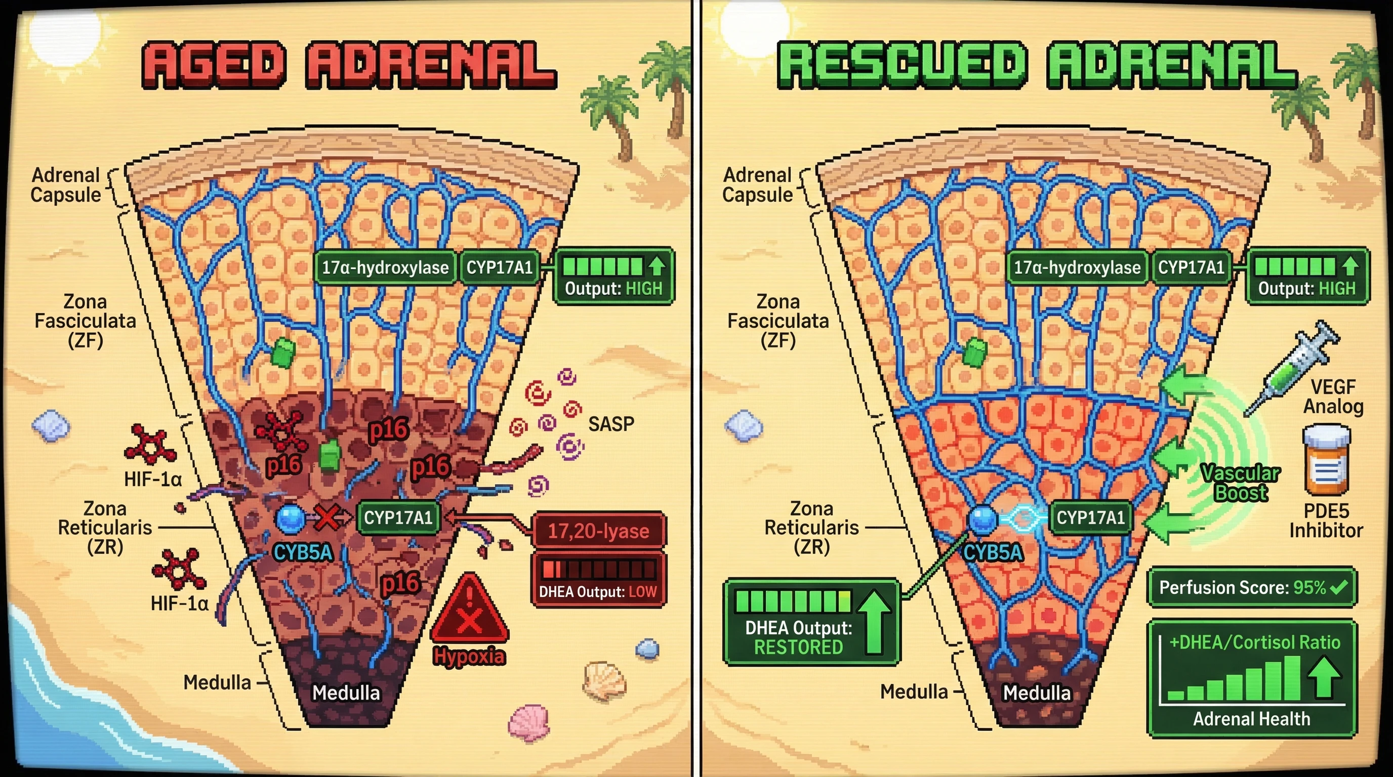Mechanism: Age-related microvascular rarefaction creates an ischemic 'watershed' zone in the adrenal zona reticularis, triggering hypoxia-induced senescence and selectively halting DHEA synthesis. Readout: Readout: Restoring microvascular density via VEGF analogs or PDE5 inhibitors improves ZR perfusion, clears senescence markers, and restores the DHEA/Cortisol ratio.