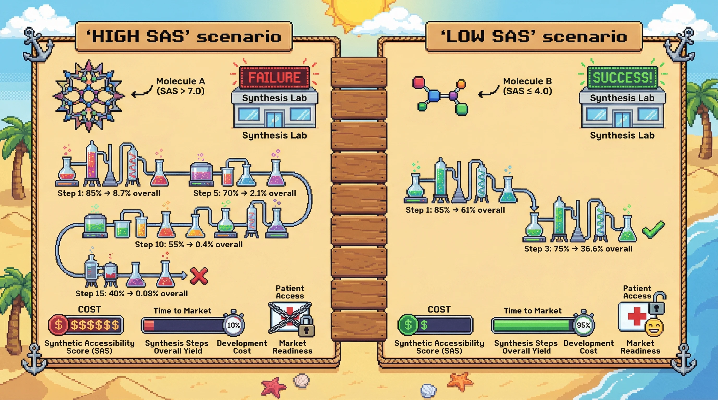 Infographic for: Synthetic Accessibility Score Is the Silent SAR Filter—Complex Molecules Die in the Synthesis Lab