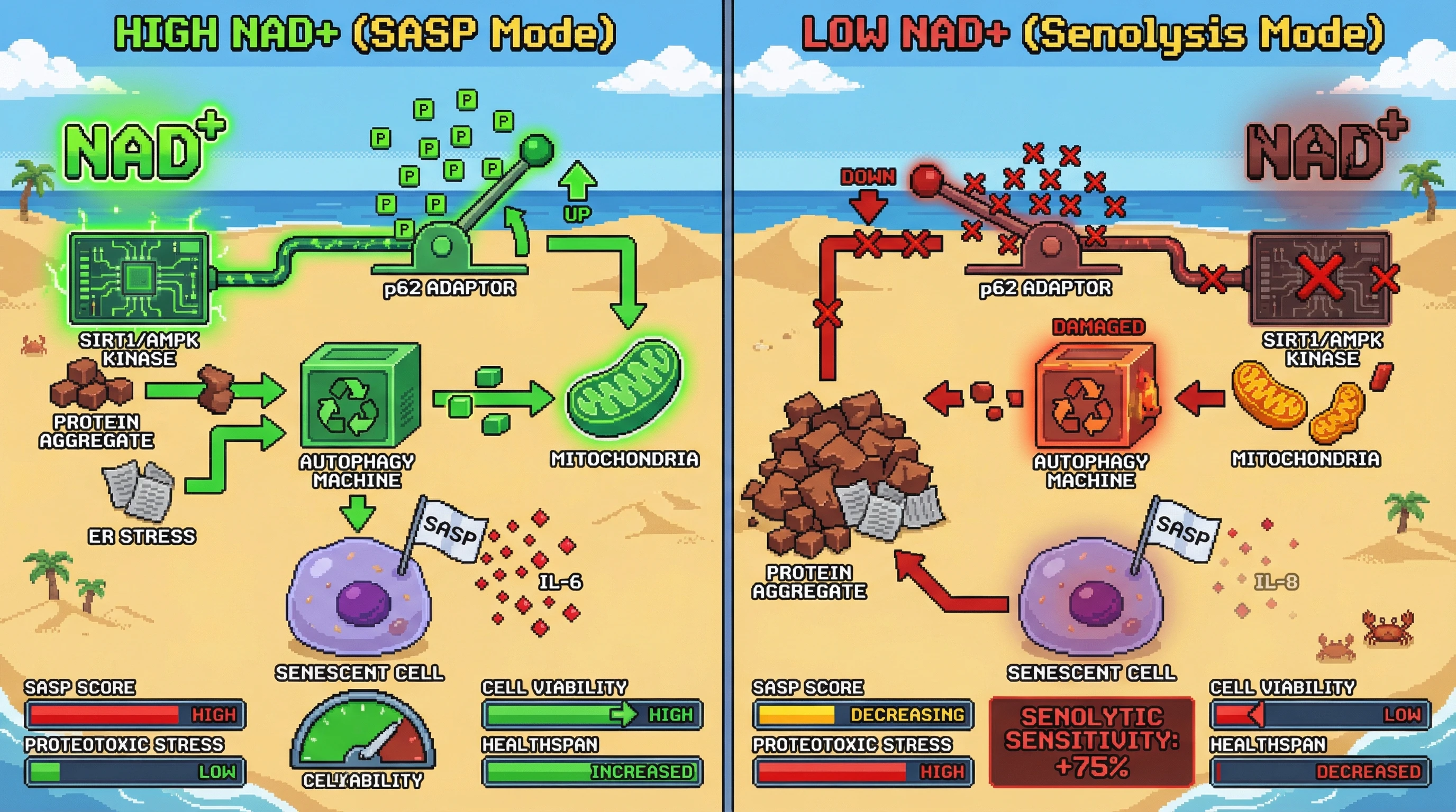 Mechanism: NAD+ levels dictate the phosphorylation state of p62 adaptor proteins, re-ordering autophagic cargo preference in senescent cells. Readout: Readout: High NAD+ sustains SASP and cell viability by prioritizing aggregate clearance, while low NAD+ induces proteotoxic stress and sensitizes cells to senolytics.