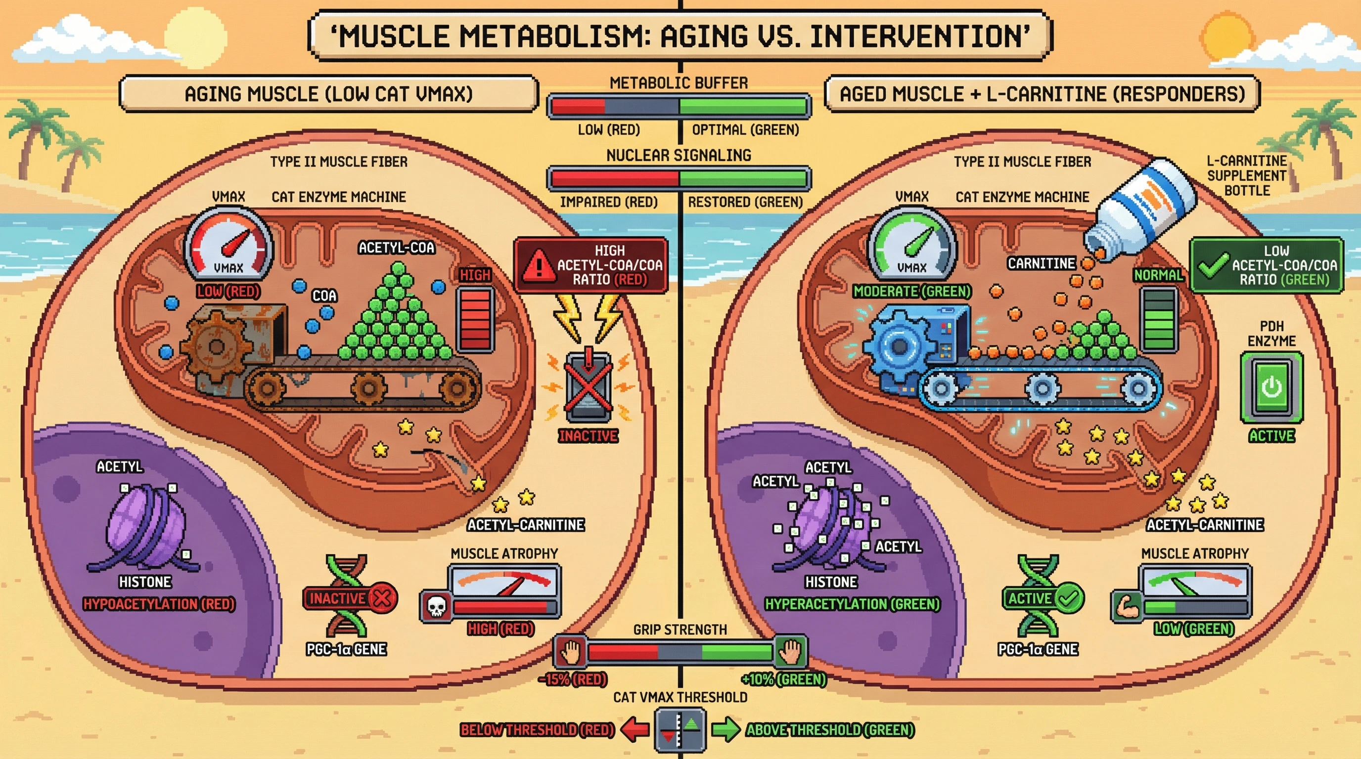 Mechanism: Aging reduces mitochondrial CAT Vmax, leading to high acetyl-CoA/CoA ratio and reduced nuclear acetyl-carnitine, causing muscle atrophy. Readout: Readout: L-carnitine supplementation in responders restores CAT activity, increasing PGC-1α activation and improving grip strength by 10%.