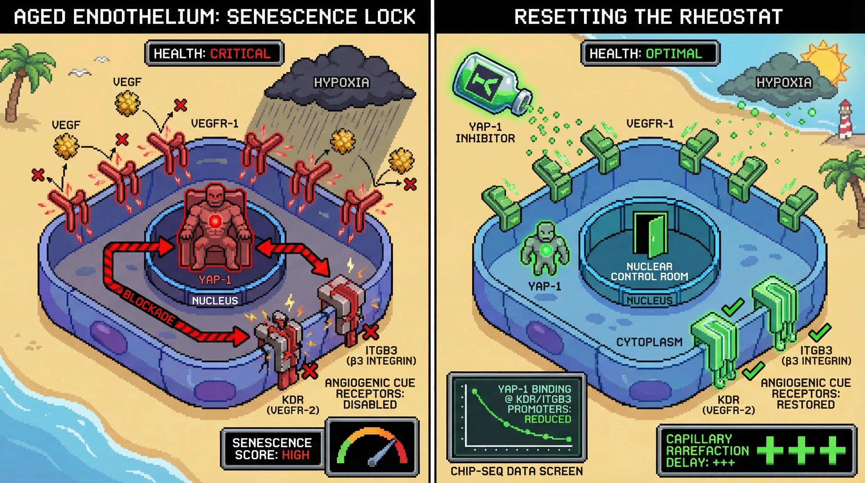 Mechanism: In aged endothelium, hypoxia upregulates VEGFR-1, forcing YAP-1 into the nucleus to repress KDR and ITGB3, leading to angiogenic receptor silencing and senescence. Readout: Readout: Inhibiting the VEGFR-1/YAP-1 axis restores KDR/ITGB3 expression, reduces YAP-1 promoter binding, and delays capillary rarefaction in vivo.