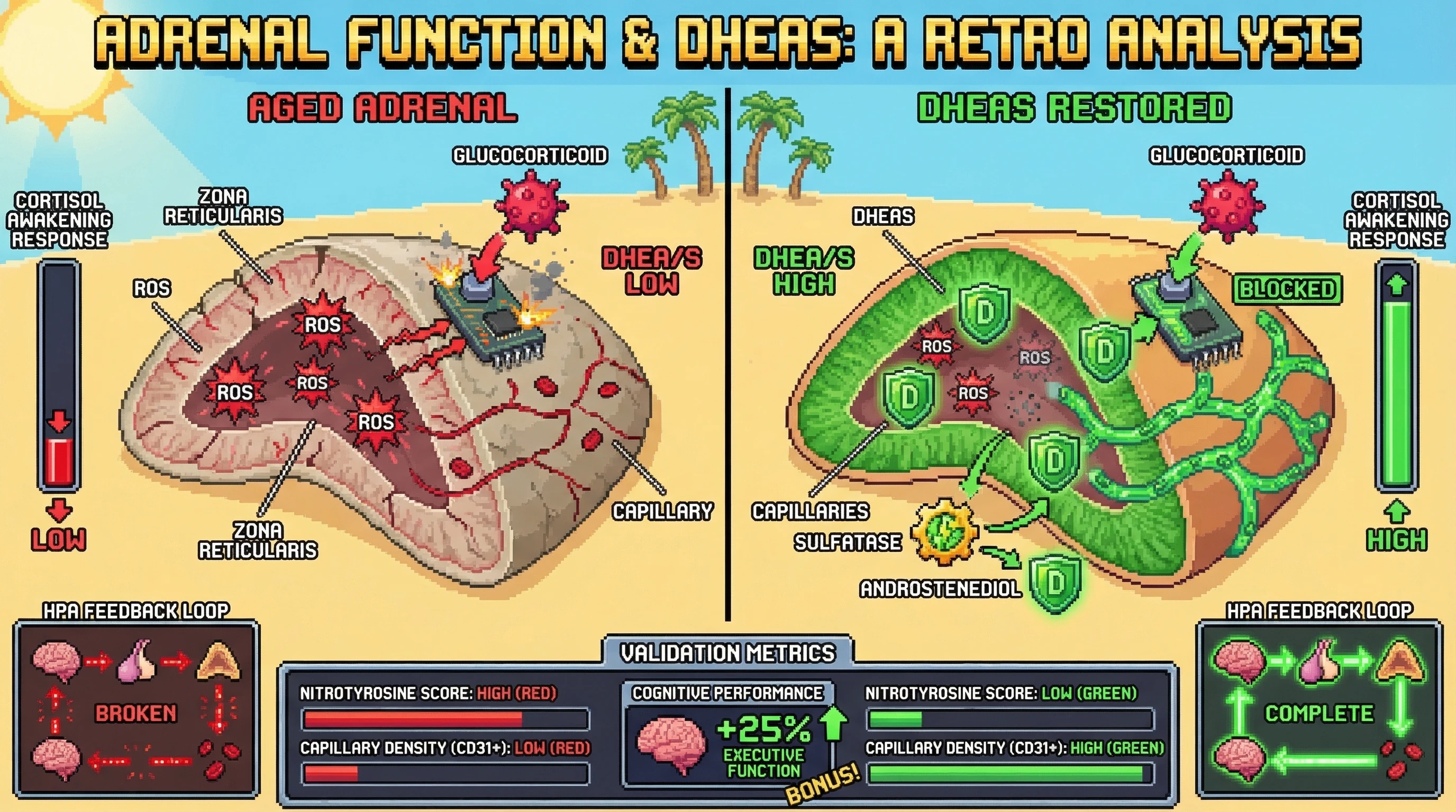 Mechanism: Age-related DHEA/S decline leads to microvascular oxidative stress and rarefaction in the adrenal zona reticularis, blunting the cortisol awakening response and impairing HPA negative feedback. Readout: Readout: Restoring DHEAS reduces nitrotyrosine, increases capillary density, and rescues cortisol awakening response magnitude, improving cognitive performance.