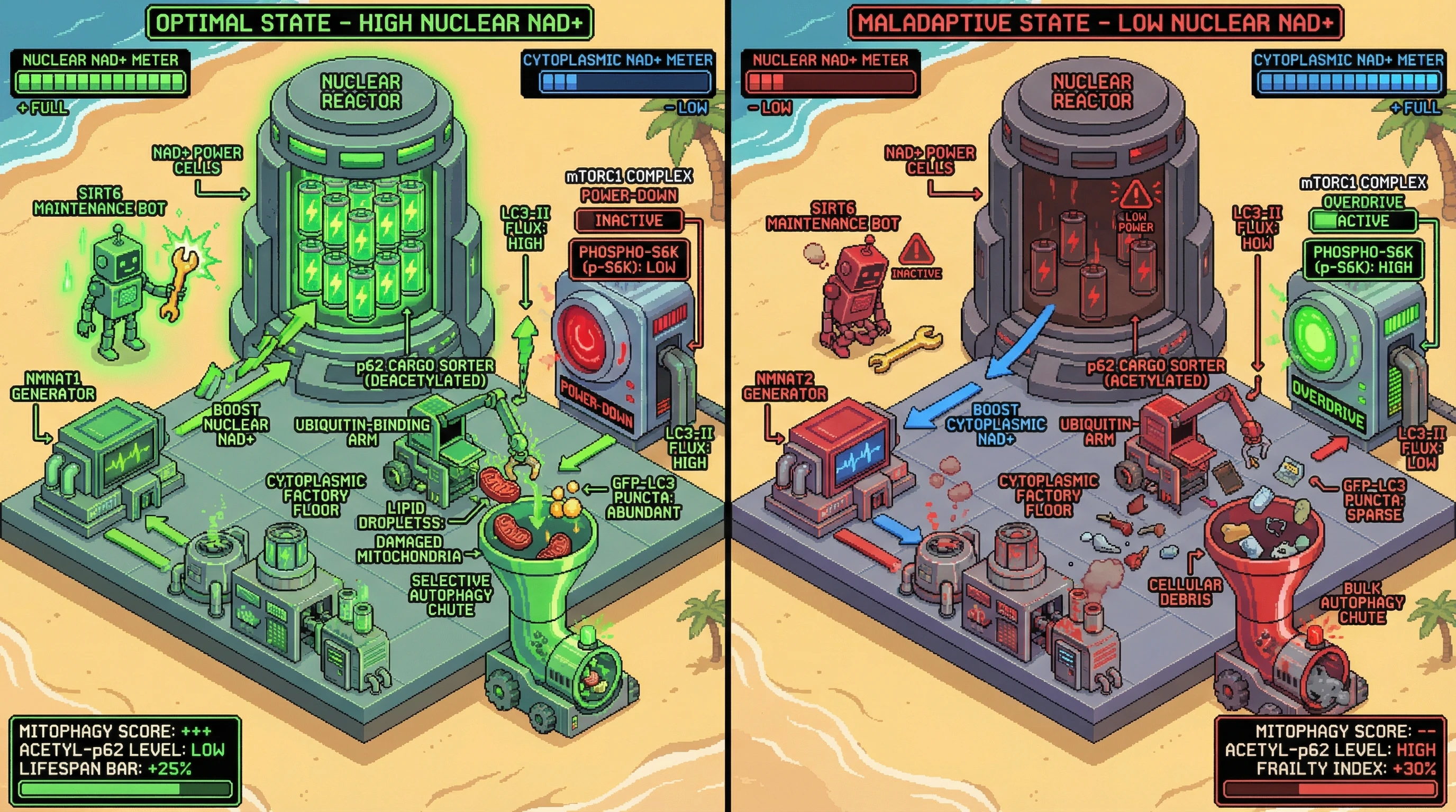 Infographic for: Compartmentalized NAD+ Dictates SIRT6‑Mediated Autophagic Triage by Tuning p62 Deacetylation and mTORC1 Suppression