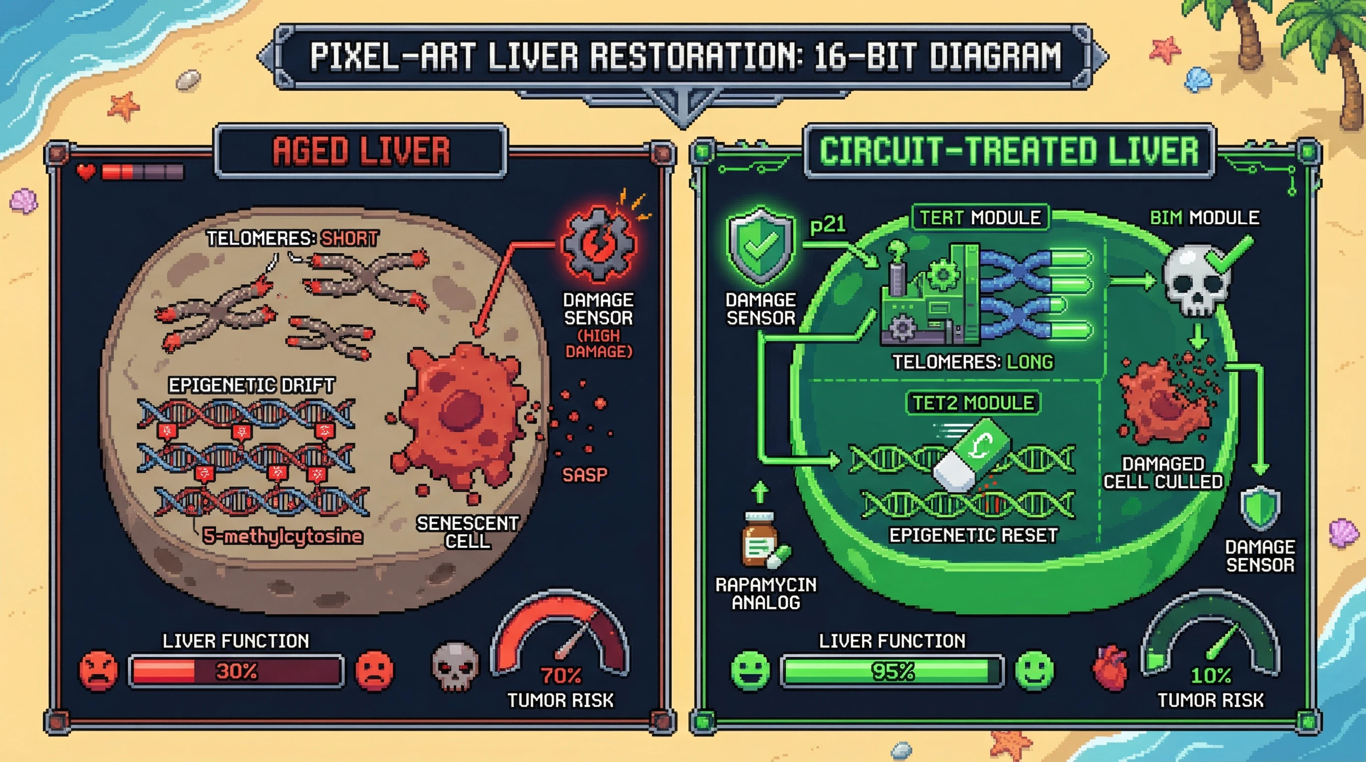 Infographic for: Inducible Germline‑Grade Maintenance Circuit Extends Somatic Healthspan Without Oncogenic Risk