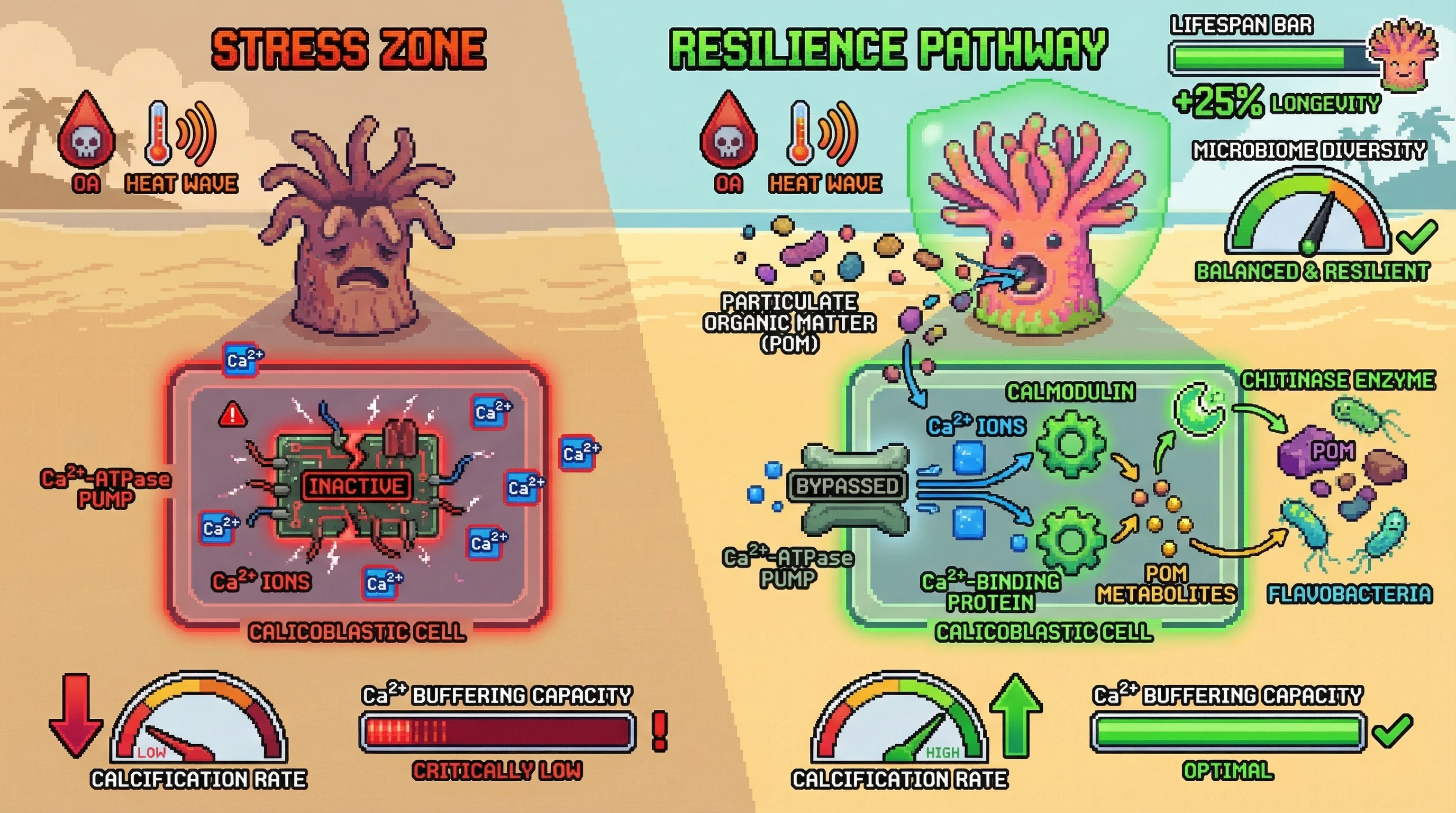 Infographic for: Heterotrophy-Microbiome Feedback Modulates Coral Calcification Under Ocean Acidification and Thermal Stress