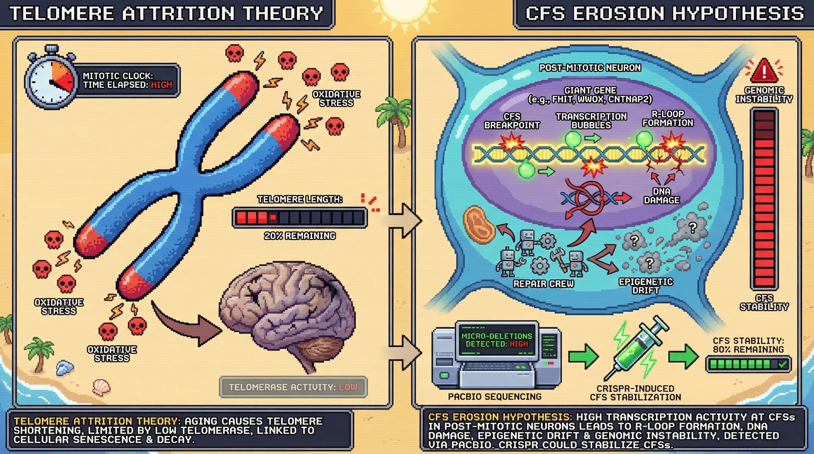 Mechanism: The new hypothesis proposes that aging in non-dividing cells is driven by transcription-induced damage and focal micro-deletions at Common Fragile Sites (CFSs) within giant genes. Readout: Readout: This leads to genomic instability and epigenetic drift, which can be observed as an enrichment of micro-deletions at CFS loci in aged neurons, independent of telomere length.
