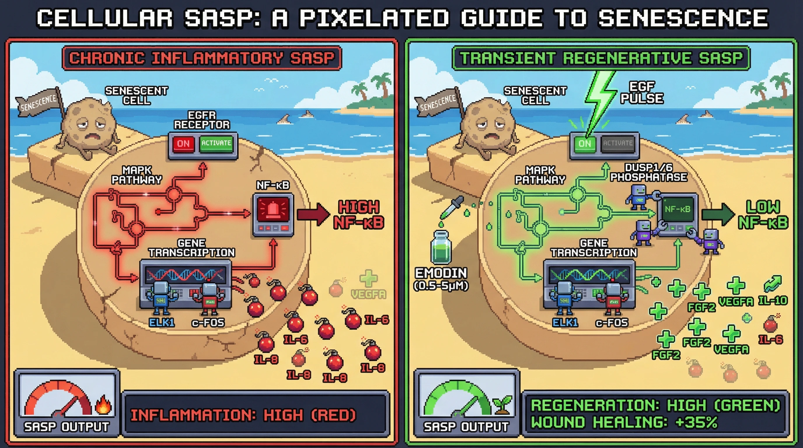 Infographic for: Re‑wiring the Senescent Secretome: Transient EGFR/MAPK Activation as a Switch to Regenerative SASP