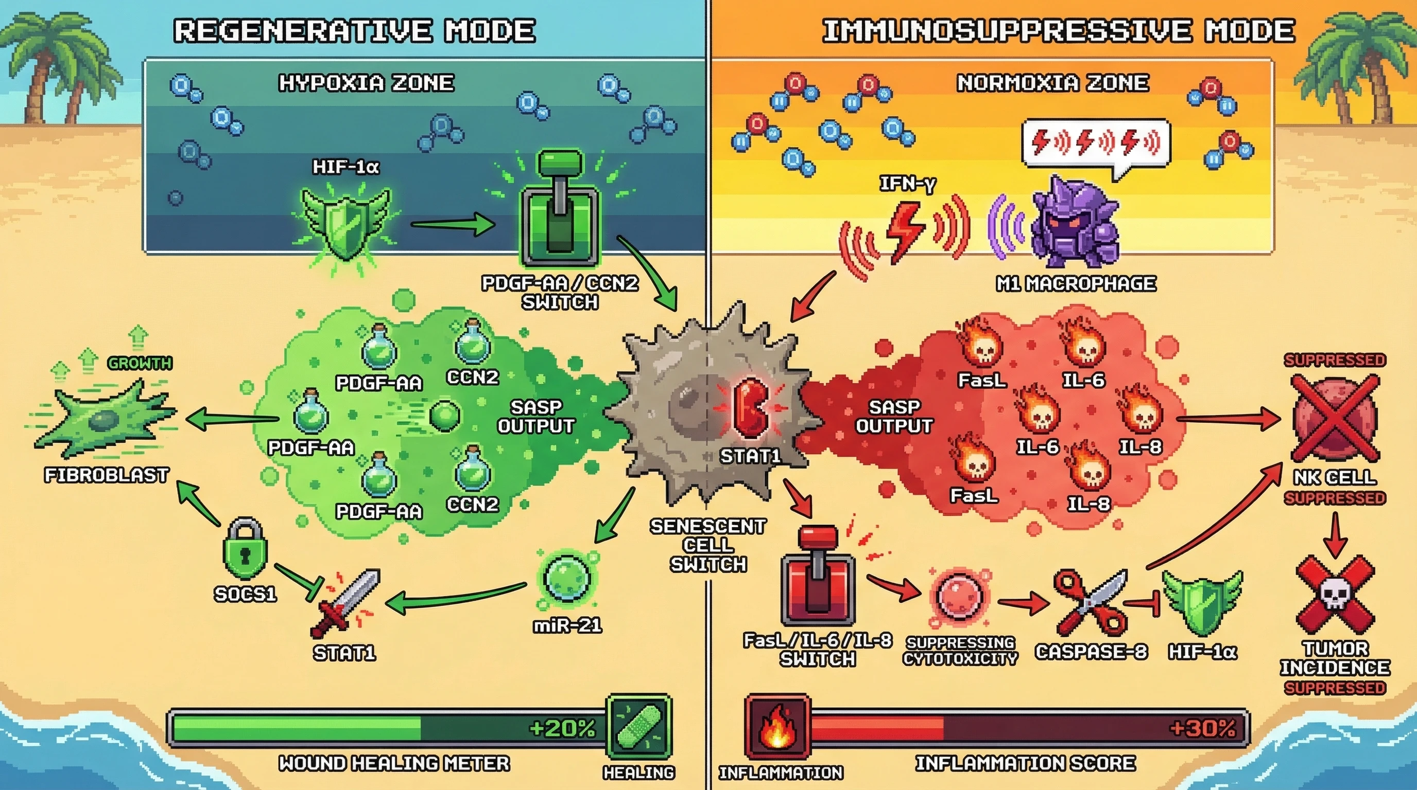 Infographic for: Bistable SASP Signaling Enables Senescent Cells to Act as Tissue‑Specific Hostage Negotiators