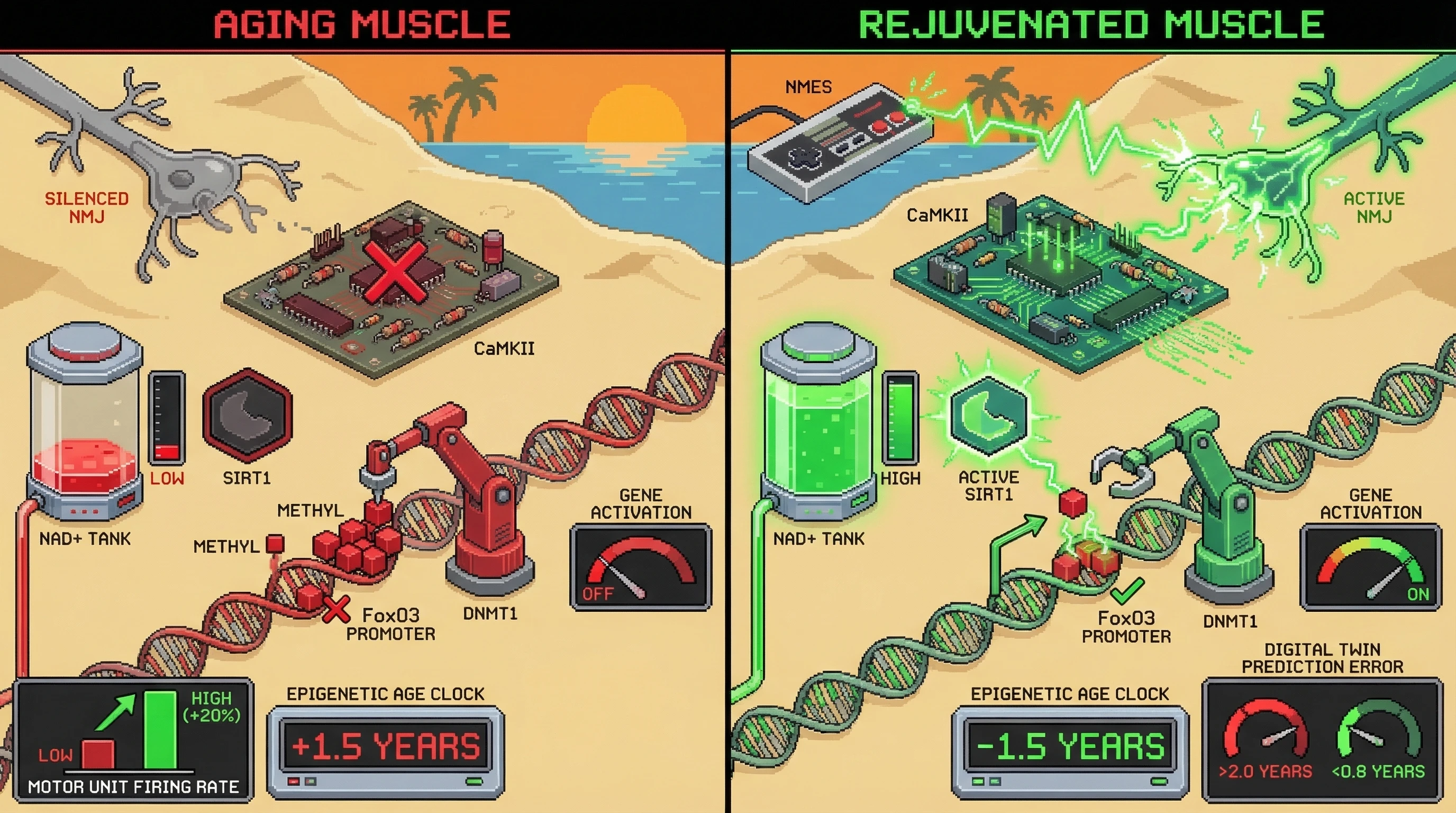 Infographic for: NMJ‑Driven Epigenetic Aging in Muscle: A Testable Extension of Digital Twin Models
