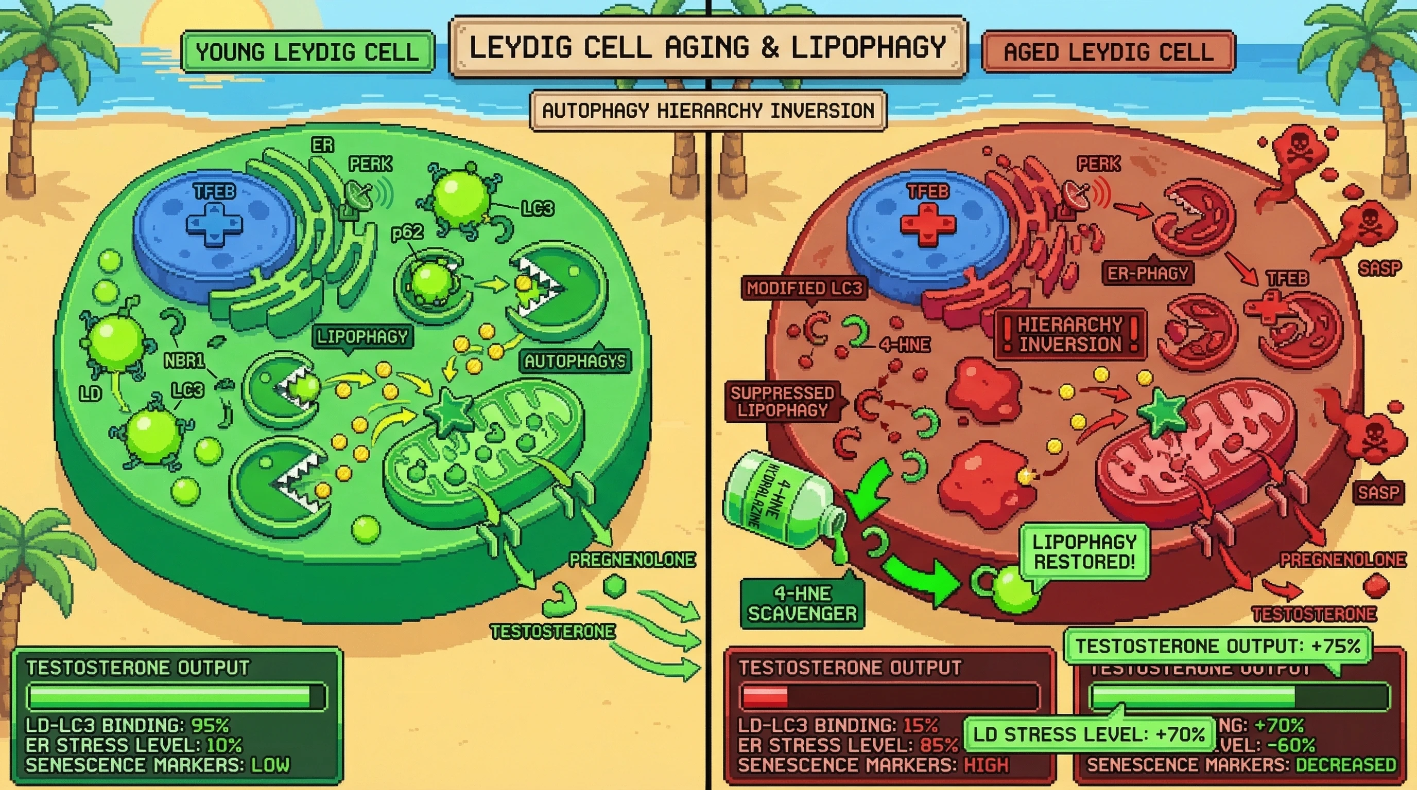 Mechanism: In aged Leydig cells, oxidized lipids modify LC3, suppressing lipophagy and inverting the autophagic hierarchy towards compensatory mitophagy and ER-phagy, starving steroidogenesis. Readout: Readout: This leads to decreased testosterone output and increased ER stress and senescence, which can be partially reversed by 4-HNE scavengers.