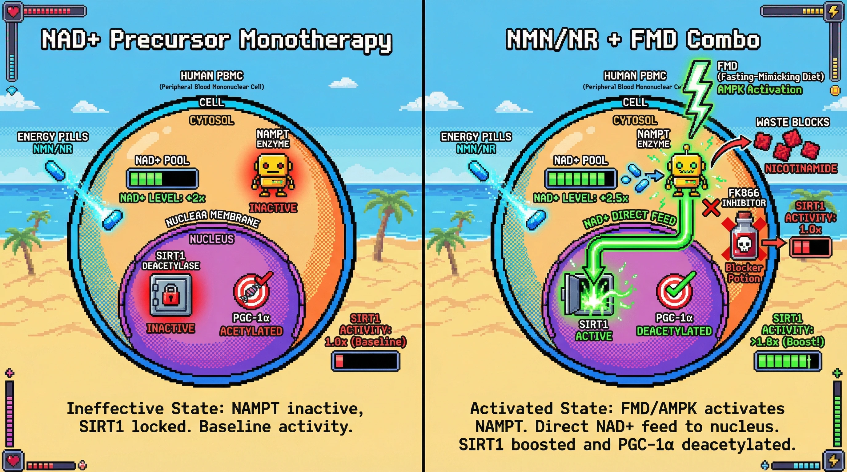 Mechanism: Fasting-mimicking diets (FMD) activate NAMPT, which synergizes with NAD+ precursors (NMN/NR) to boost nuclear NAD+ and activate SIRT1. Readout: Readout: PBMC NAD+ levels rise over 2.5-fold and SIRT1 activity increases by more than 1.8-fold, an effect abolished by NAMPT inhibition.