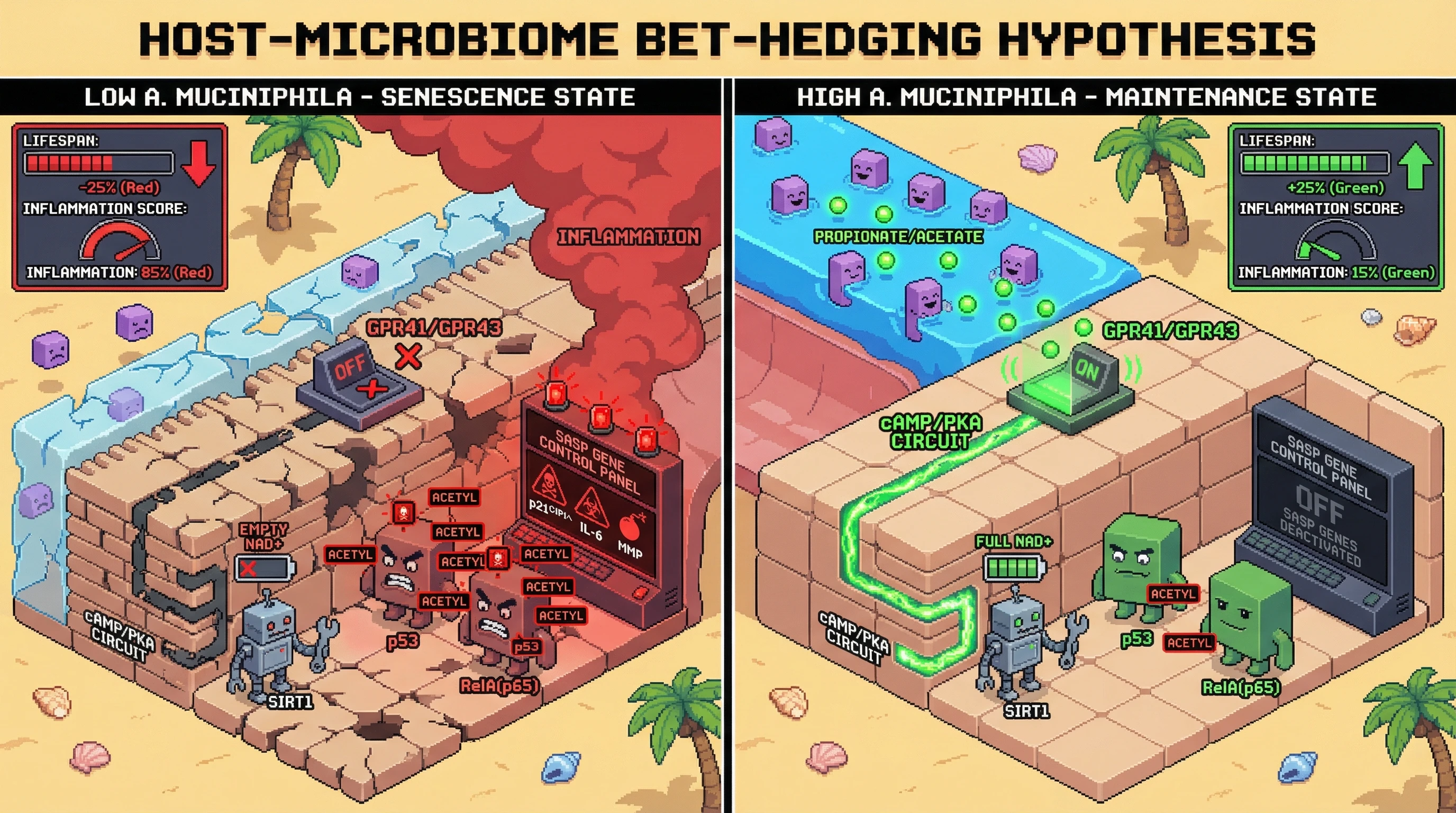 Infographic for: Host‑Microbiome Bet‑Hedging Hypothesis: Conditioned Senescence as a Plastic Response to A. muciniphila‑Derived Signaling