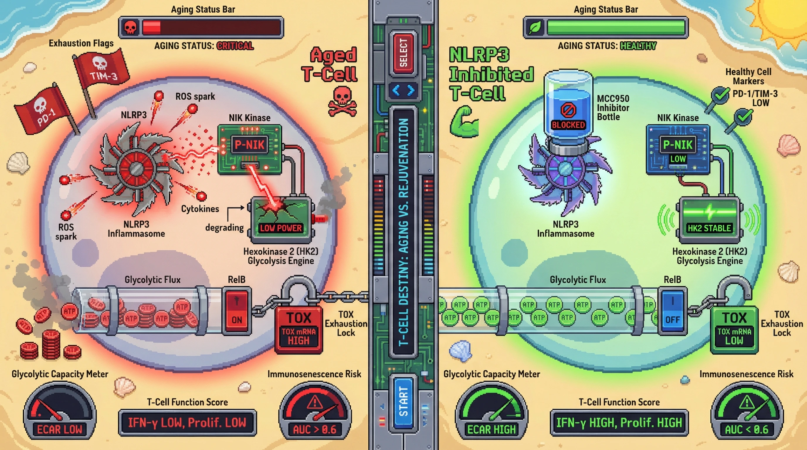 Infographic for: NLRP3Inhibition Preserves T‑Cell Glycolytic Capacity by Preventing NIK‑Dependent HK2 Destabilization in Aging