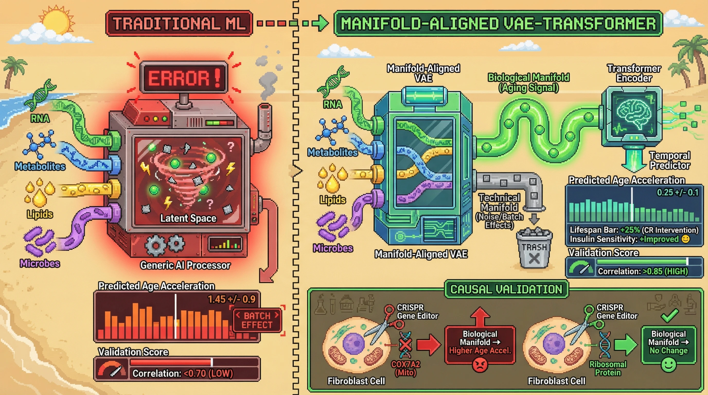Infographic for: A Manifold‑Aligned Transformer VAE Framework for Causal Biological Age Estimation and Intervention Response Prediction