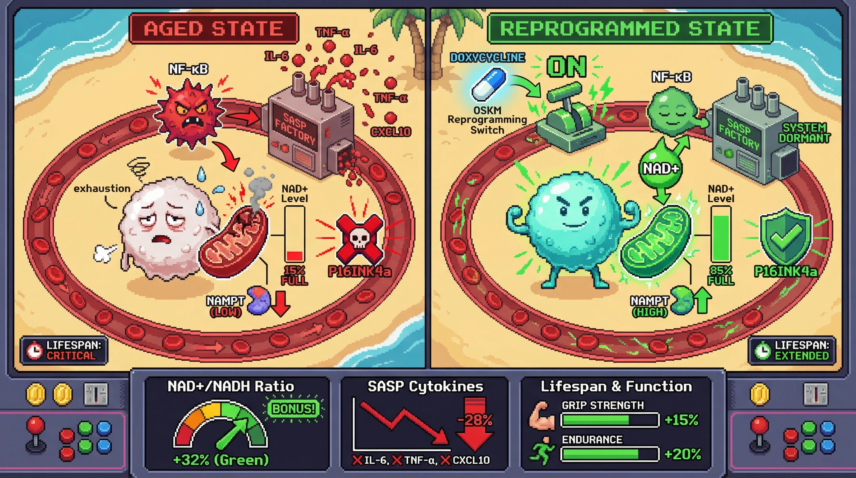 Infographic for: Immune-targeted partial reprogramming resets systemic senescence by restoring mitochondrial NAD+ flux in circulating leukocytes