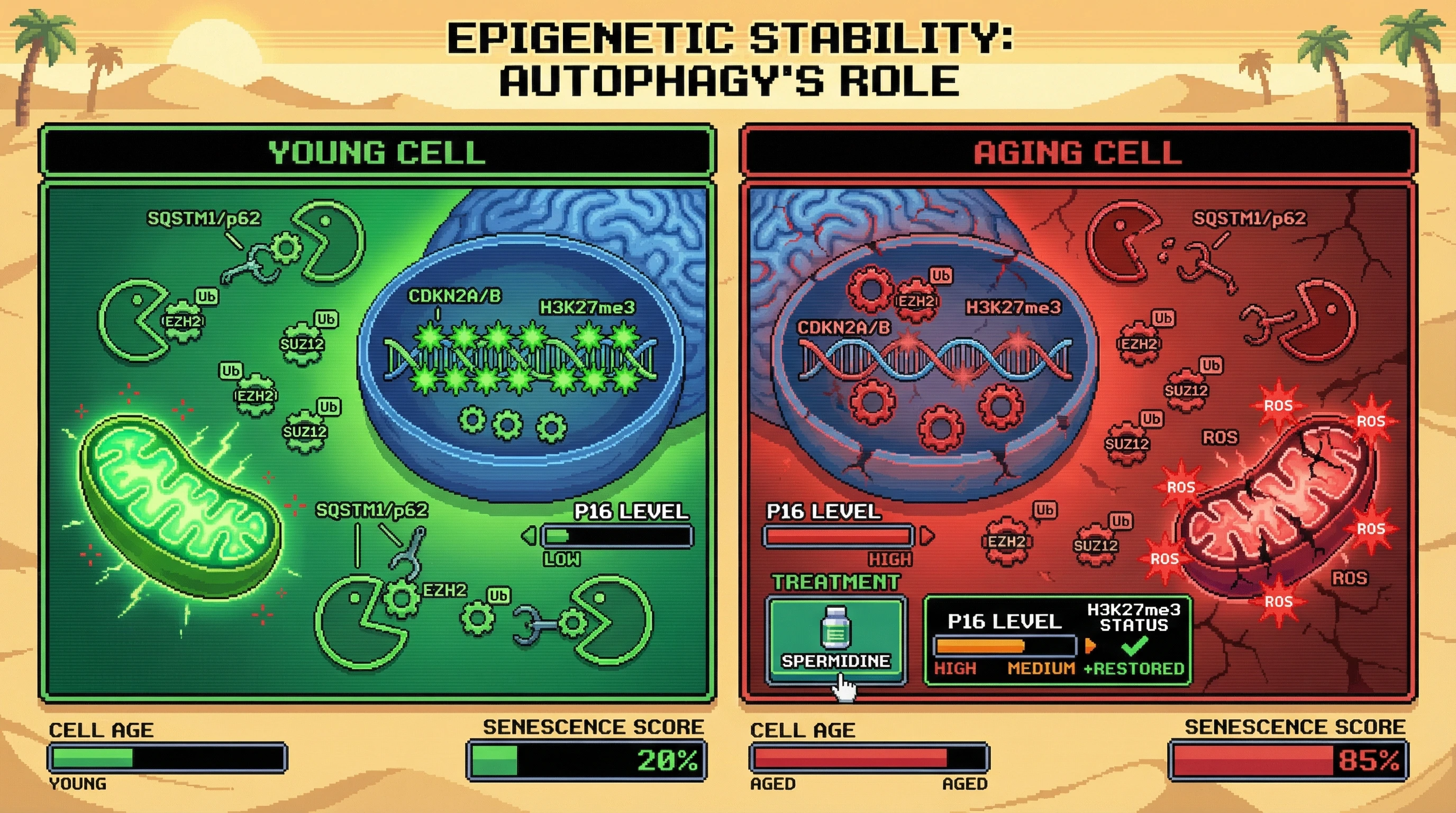 Mechanism: In young cells, selective autophagy targets and degrades phosphorylated PRC2 components like EZH2/SUZ12, maintaining H3K27me3 at the CDKN2A/B locus. Readout: Readout: Aging leads to impaired selective autophagy, increasing nuclear EZH2/SUZ12, reducing H3K27me3, and elevating p16 levels, driving senescence.