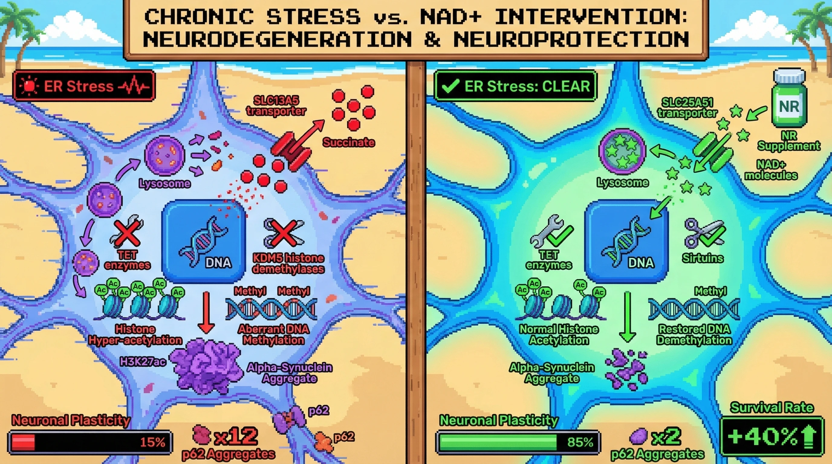 Mechanism: Chronic stress-induced succinate accumulation inhibits critical demethylases, leading to aberrant histone and DNA methylation, promoting neurodegeneration. Readout: Readout: NAD+ augmentation restores epigenetic balance, reduces p62 aggregates, and improves neuronal plasticity and survival rates.