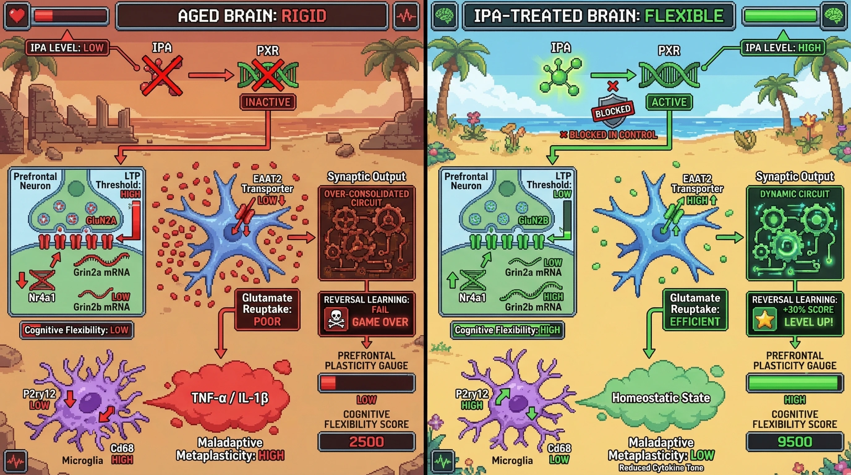 Infographic for: IPA-PXR signaling rescues cognitive flexibility by tempering over-consolidation in aging prefrontal circuits