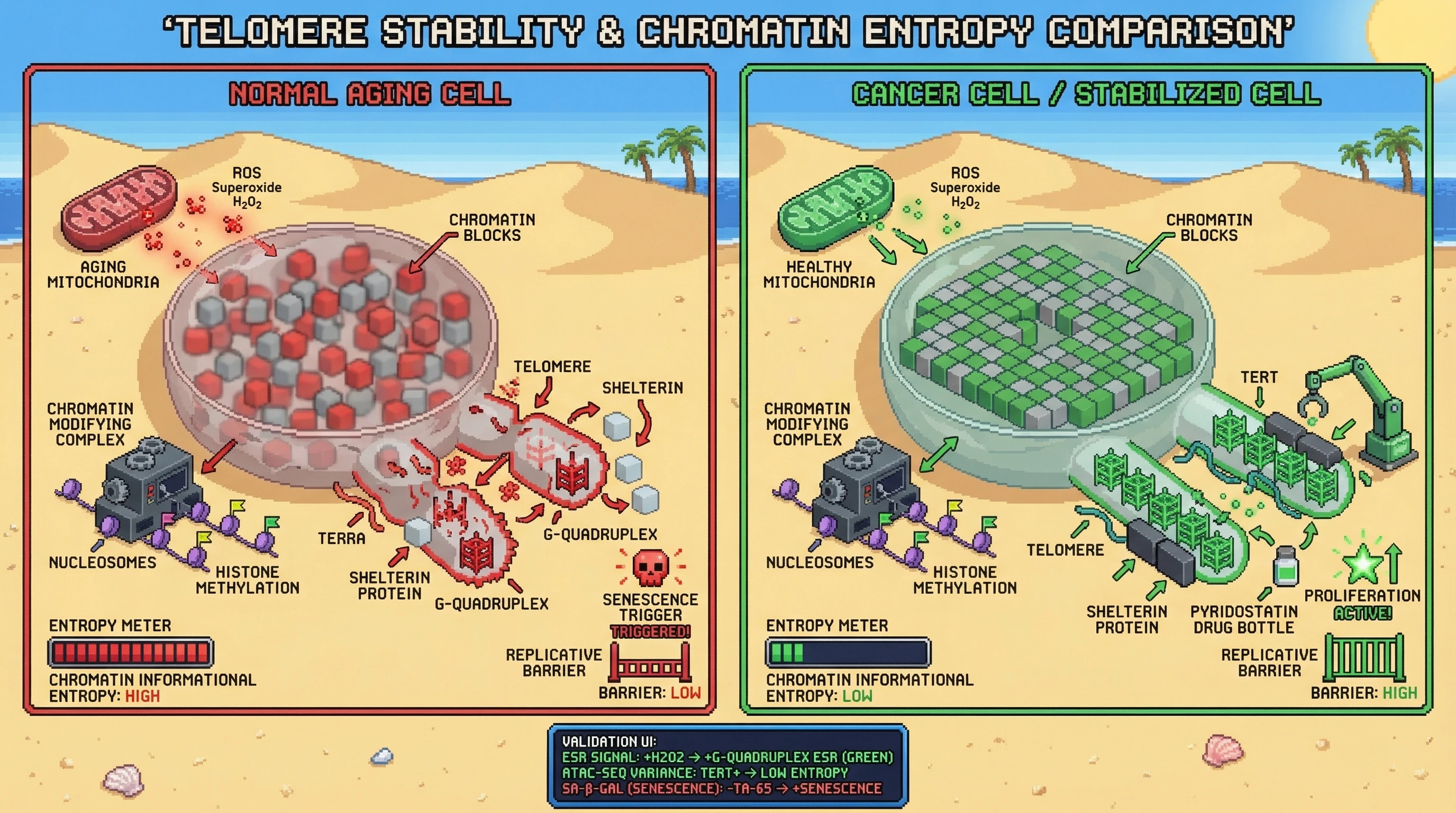 Mechanism: Telomeric G-quadruplexes act as redox sensors, transducing mitochondrial ROS into changes in chromatin informational entropy, which then dictates replicative senescence or proliferation. Readout: Readout: G-quadruplex stabilizers or TERT maintain low chromatin entropy and proliferation, while telomere shortening or destabilization leads to high entropy and senescence.