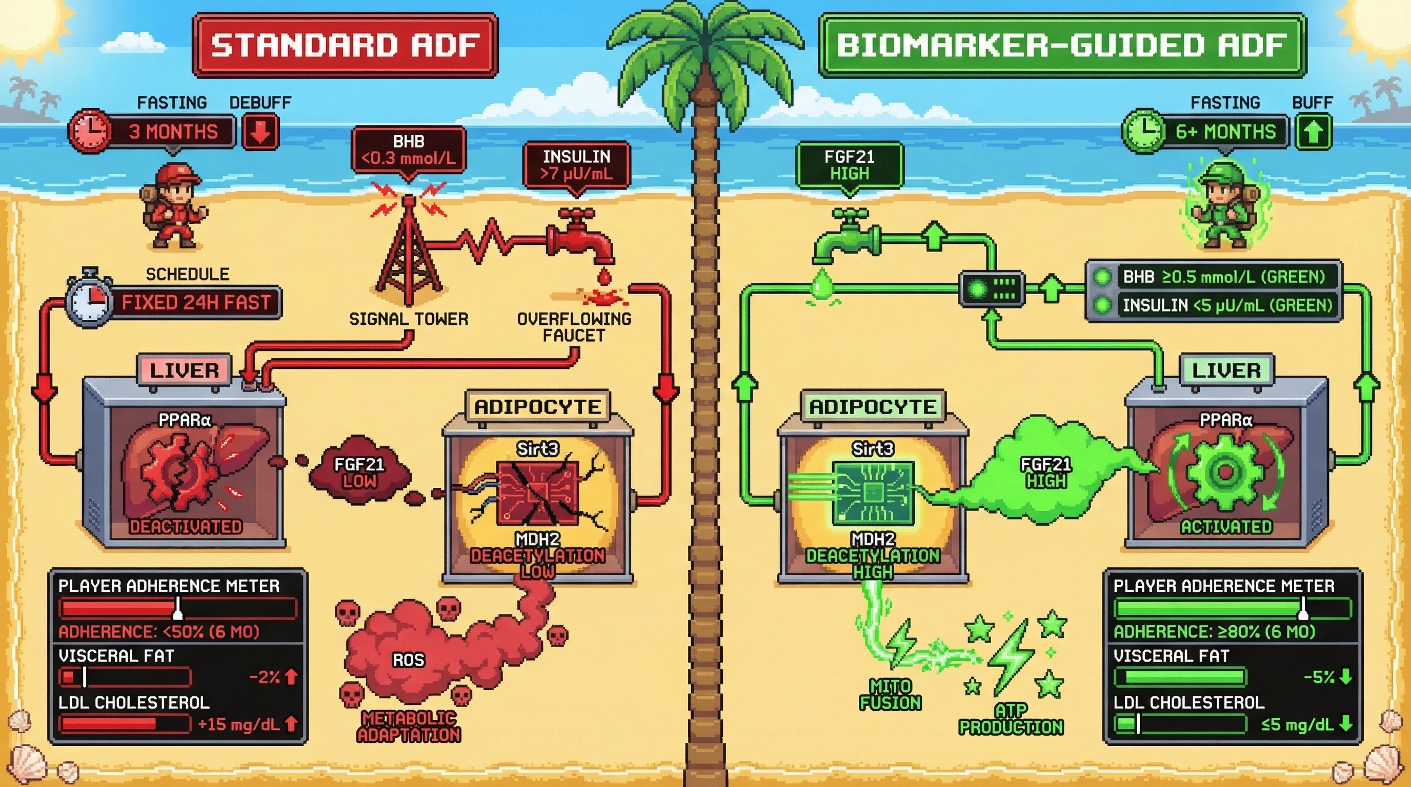 Mechanism: Biomarker-guided alternate-day fasting (ADF) uses real-time BHB and insulin thresholds to activate hepatic PPARα, driving FGF21 production and subsequent adipocyte Sirt3-MDH2 activity for mitochondrial fusion. Readout: Readout: This approach maintains ≥80% adherence, reduces visceral fat by 5%, and limits LDL cholesterol increase to ≤5 mg/dL over 6 months, compared to standard ADF.