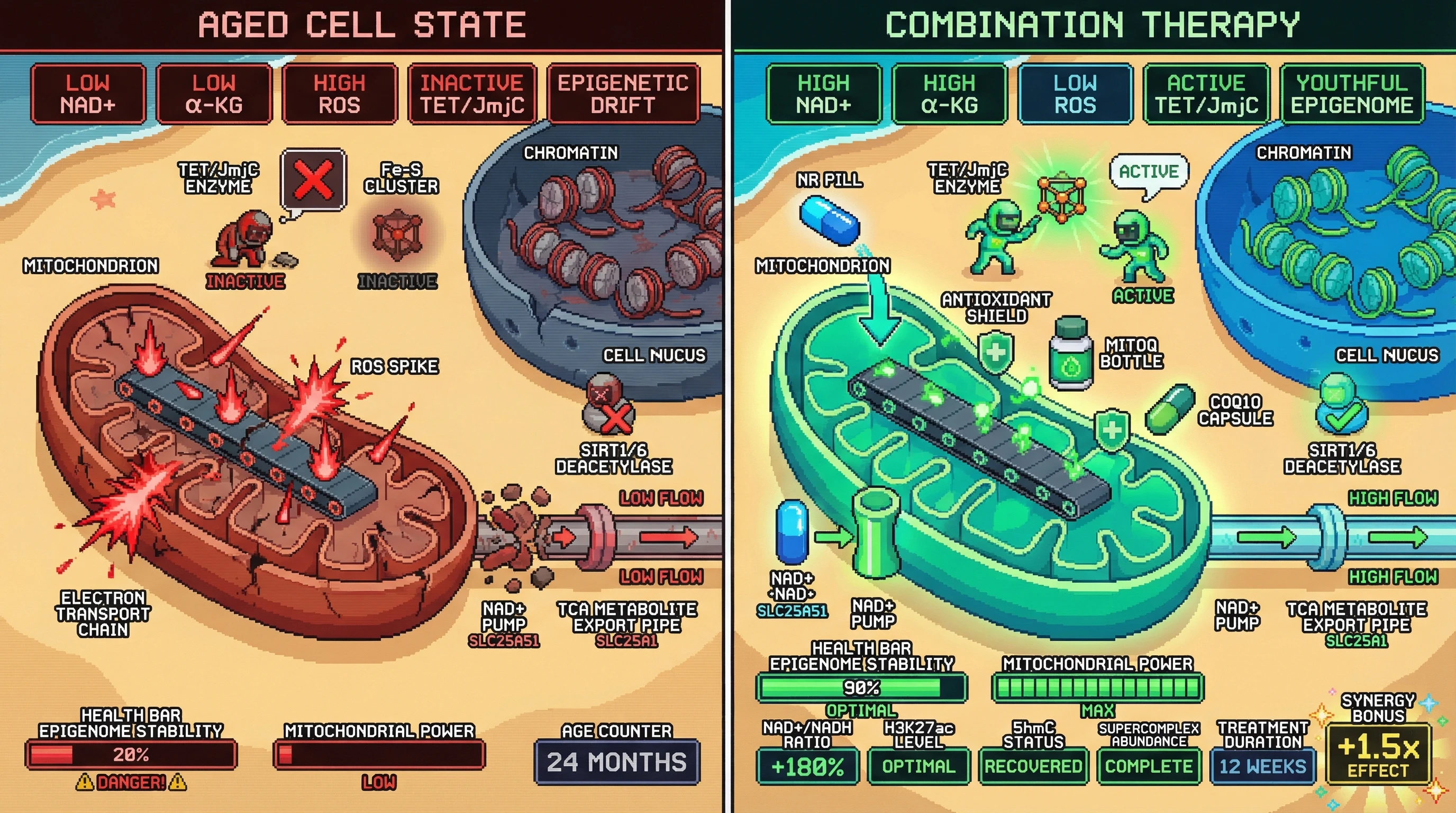 Infographic for: Combined NAD+ Restoration and Mitochondrial Antioxidant/CoQ Supplementation Synergistically Reverses Age‑Associated Epigenetic Drift via Metabolite‑Dependent Chromatin Enzyme Rescue