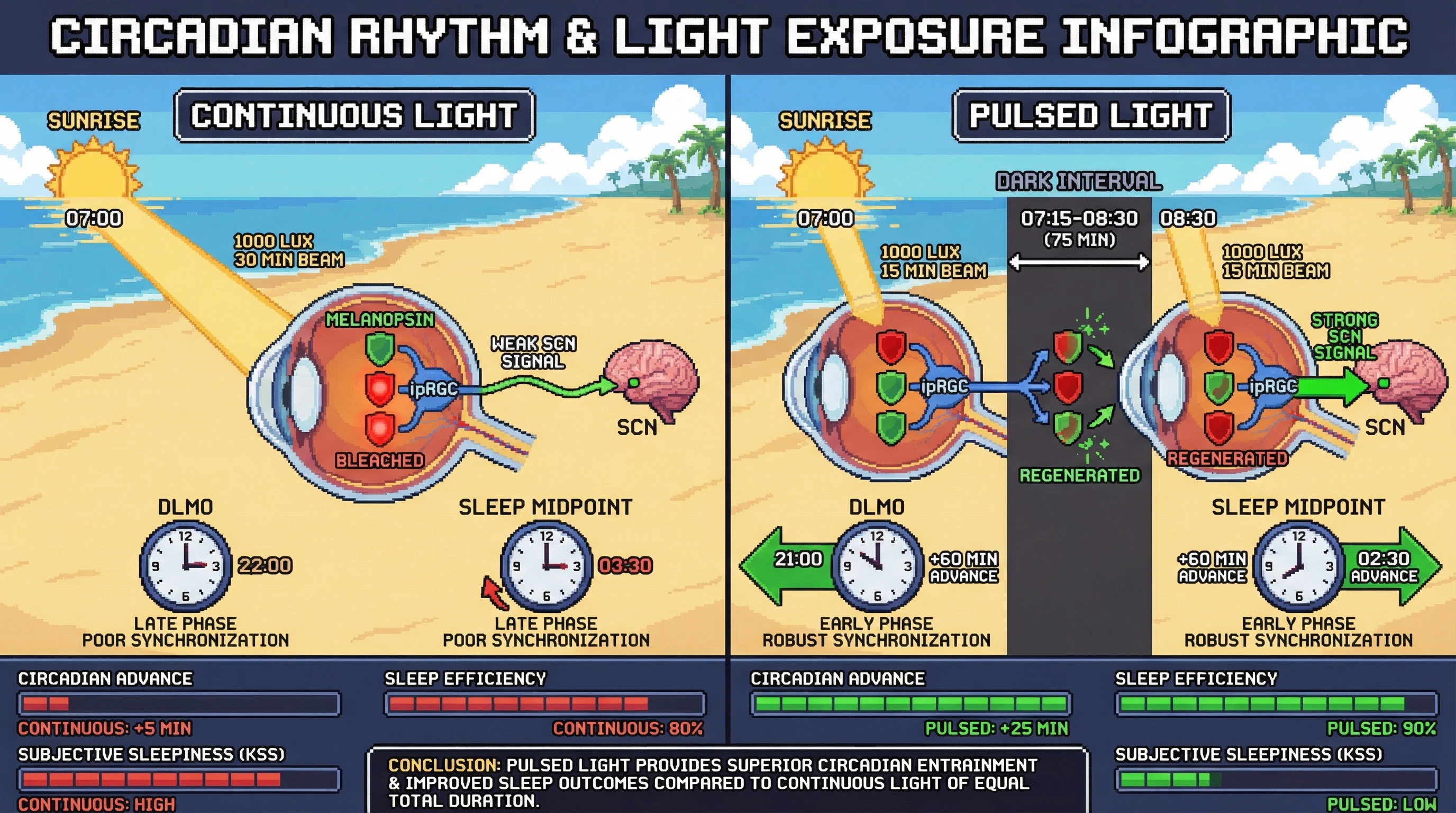 Mechanism: Intermittent morning light pulses allow melanopsin in ipRGCs to regenerate during dark intervals, maintaining higher sensitivity and generating a stronger signal to the SCN compared to continuous light. Readout: Readout: This leads to a greater advance in DLMO (by 20+ minutes) and sleep midpoint (by 15+ minutes), improved sleep efficiency, and reduced evening sleepiness.