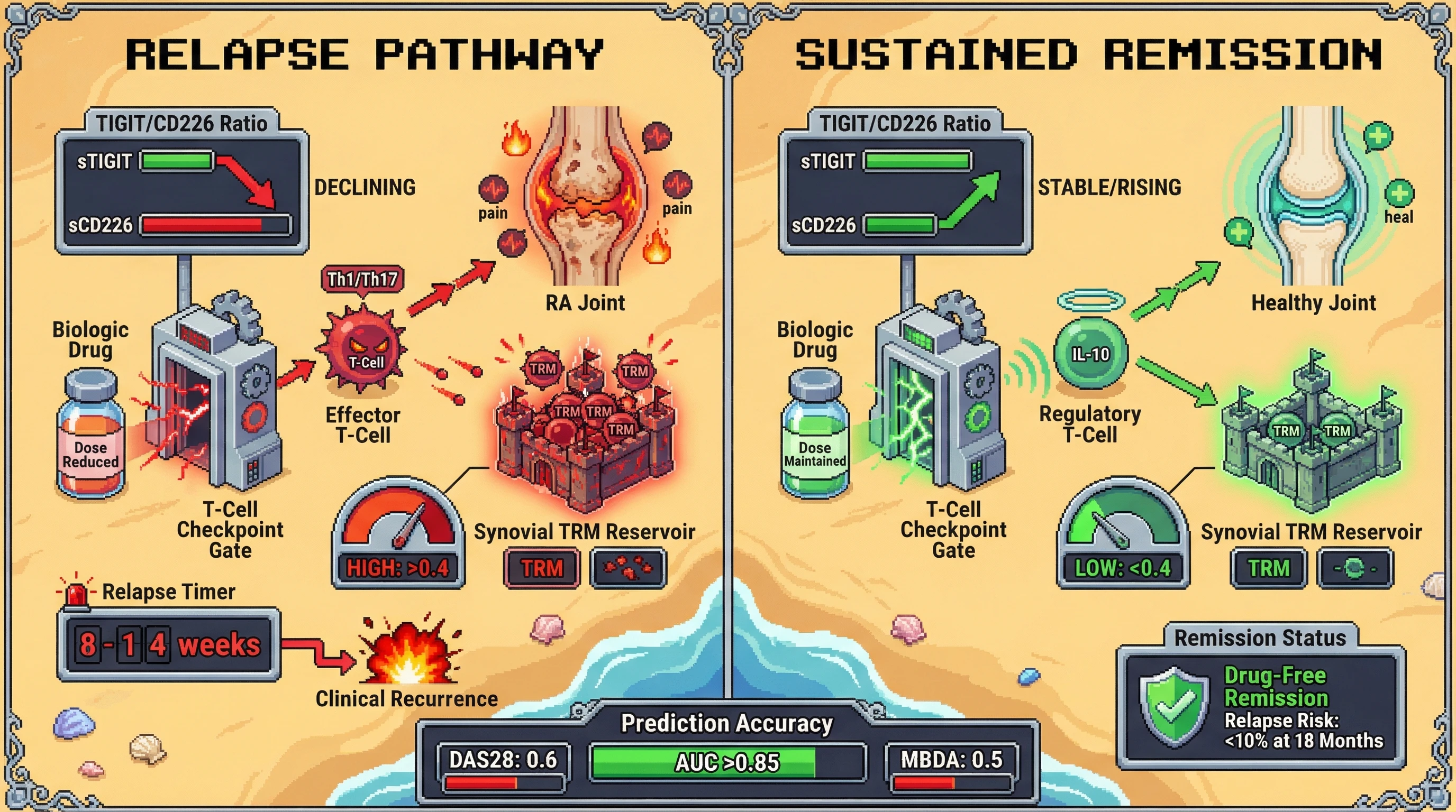 Infographic for: Serum Soluble TIGIT/CD226 Ratio Kinetics Combined With Tissue-Resident Memory T-Cell Clonotype Persistence Index Predict Sustained Remission vs Relapse After Biologic Tapering in Rheumatoid Arthritis 6–18 Months Before Clinical Recurrence