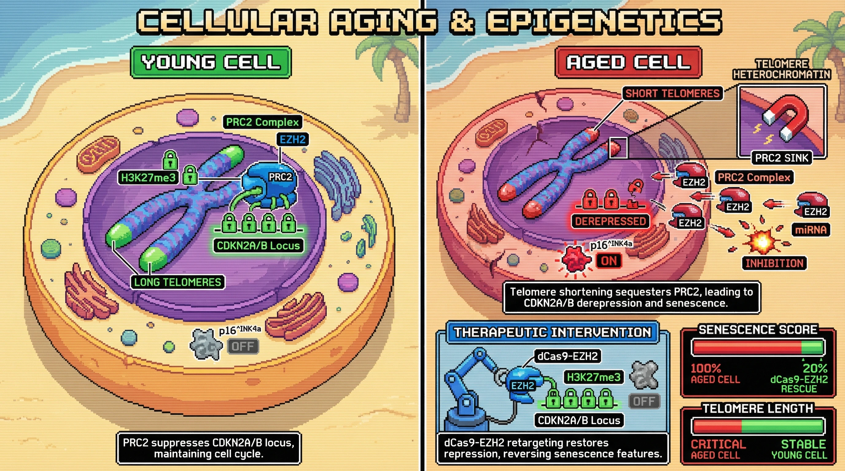 Mechanism: Telomere erosion in aged cells sequesters PRC2 complexes, reducing H3K27me3 marks at the CDKN2A/B locus and activating p16^INK4a. Readout: Readout: Targeted delivery of EZH2 to CDKN2A/B by dCas9-EZH2 restores H3K27me3 and suppresses p16^INK4a, dramatically lowering the Senescence Score.