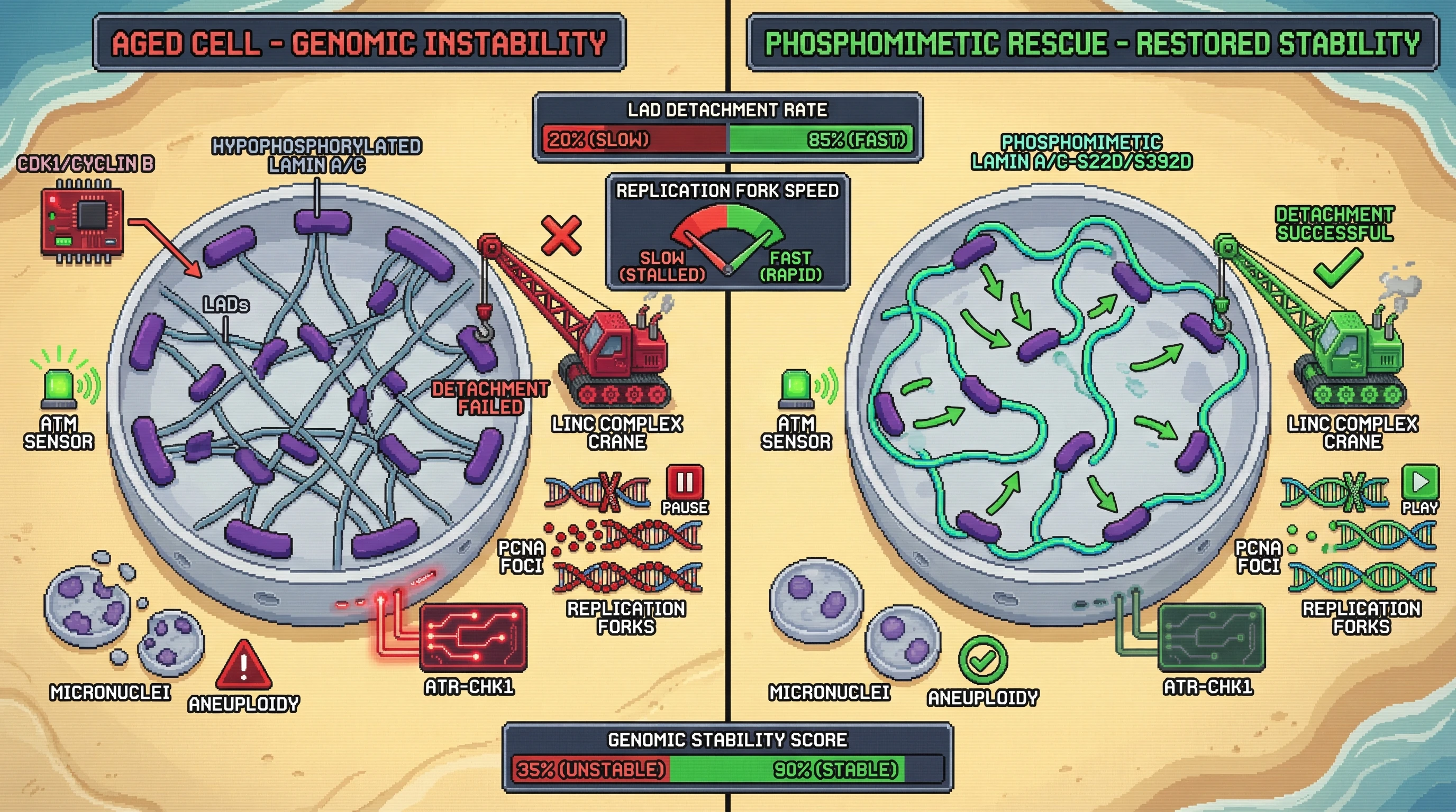 Mechanism: In aging, low CDK1 activity leads to hypophosphorylated Lamin A/C, causing LADs to remain tightly bound and impairing DNA replication. Readout: Readout: Introducing phosphomimetic Lamin A/C-S22D/S392D increases LAD detachment rate, restores replication fork speed, and improves genomic stability.