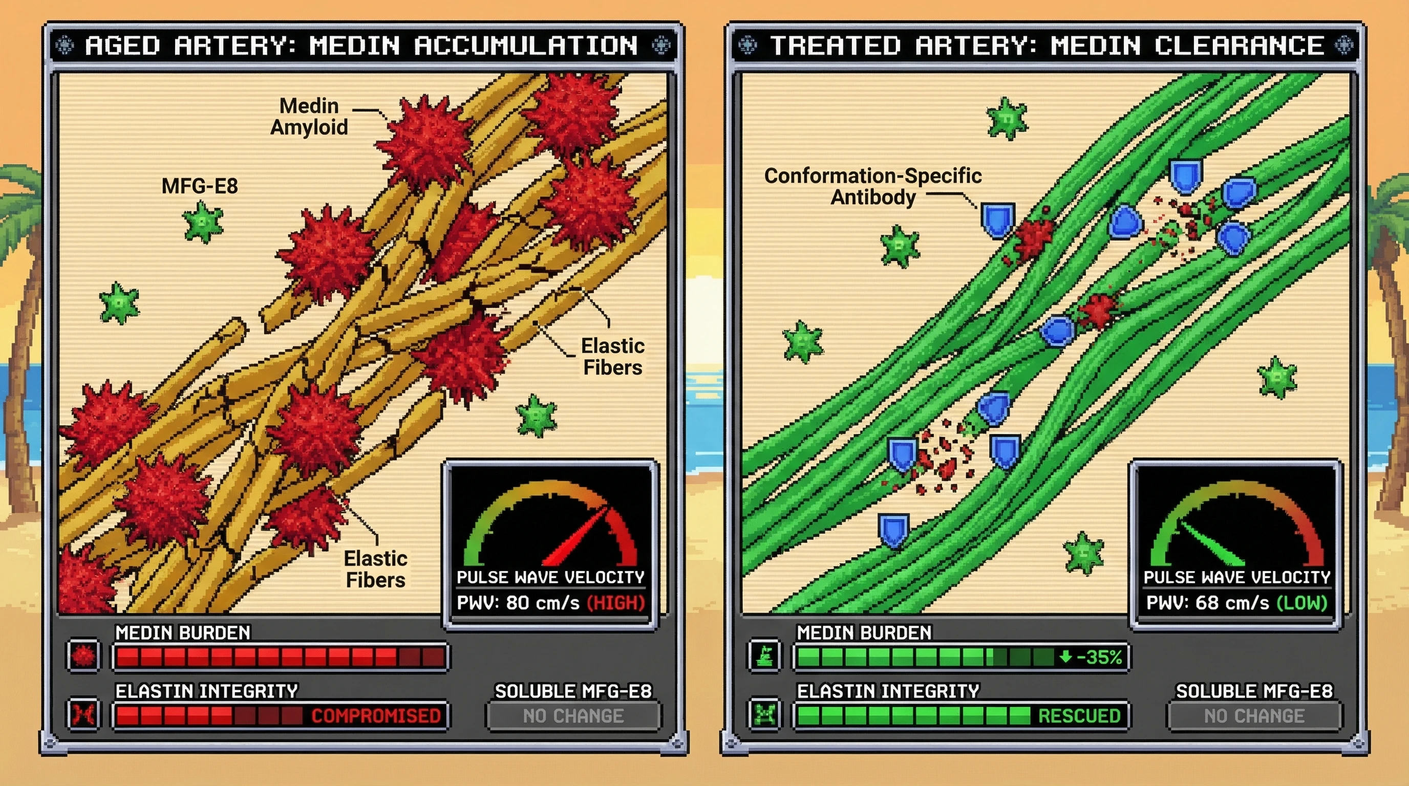 Mechanism: A conformation-specific antibody targets and clears pathological medin amyloid aggregates from aged arterial elastic fibers. Readout: Readout: Aortic medin burden decreases by ≥35%, pulse wave velocity reduces by ≥15%, and elastin fiber continuity is rescued.