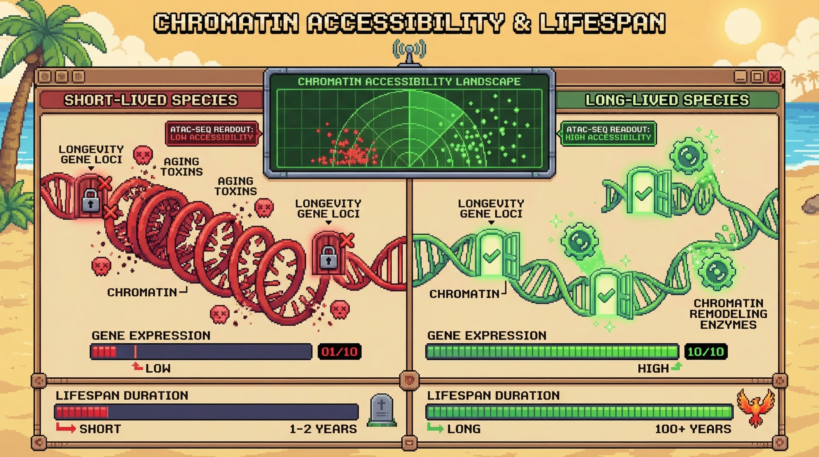 Mechanism: Long-lived species maintain open chromatin states at longevity-associated gene loci, allowing beneficial gene expression. Readout: Readout: ATAC-seq patterns show distinct chromatin accessibility landscapes correlated with lifespan duration.