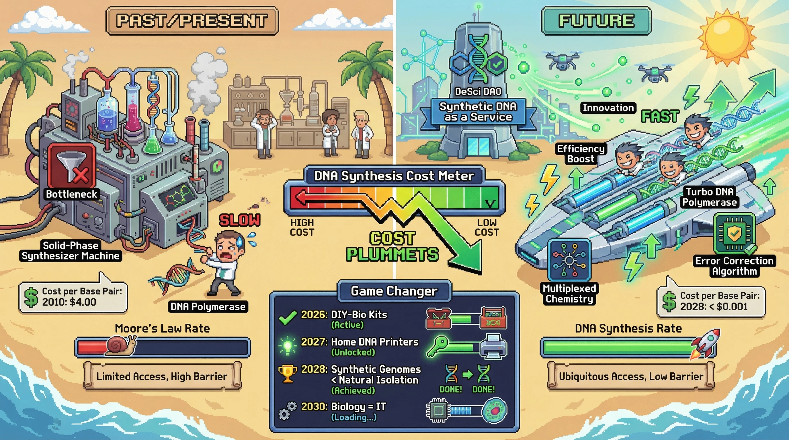 Infographic for: DNA Synthesis Cost Collapse: Faster Than Moore Law, Heading for $0.001/Base Pair by 2028