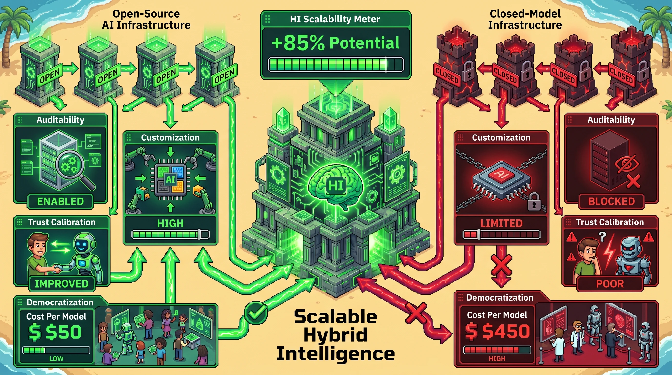 Infographic for: Hypothesis: Open-Source AI Ecosystems Are a Necessary Precondition for Scalable Hybrid Intelligence
