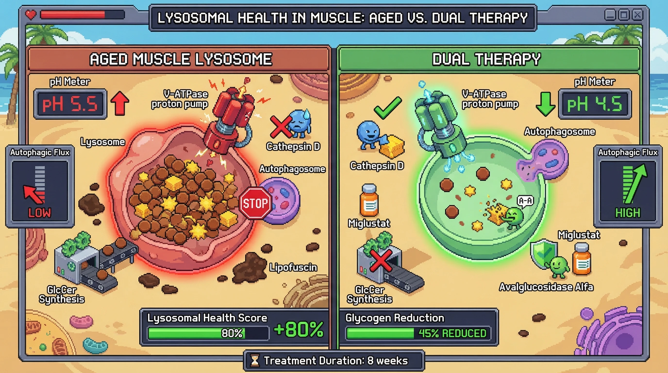 Infographic for: In aged wild-type skeletal muscle, glucosylceramide accumulation is the upstream lysosomal pH bottleneck that prevent...