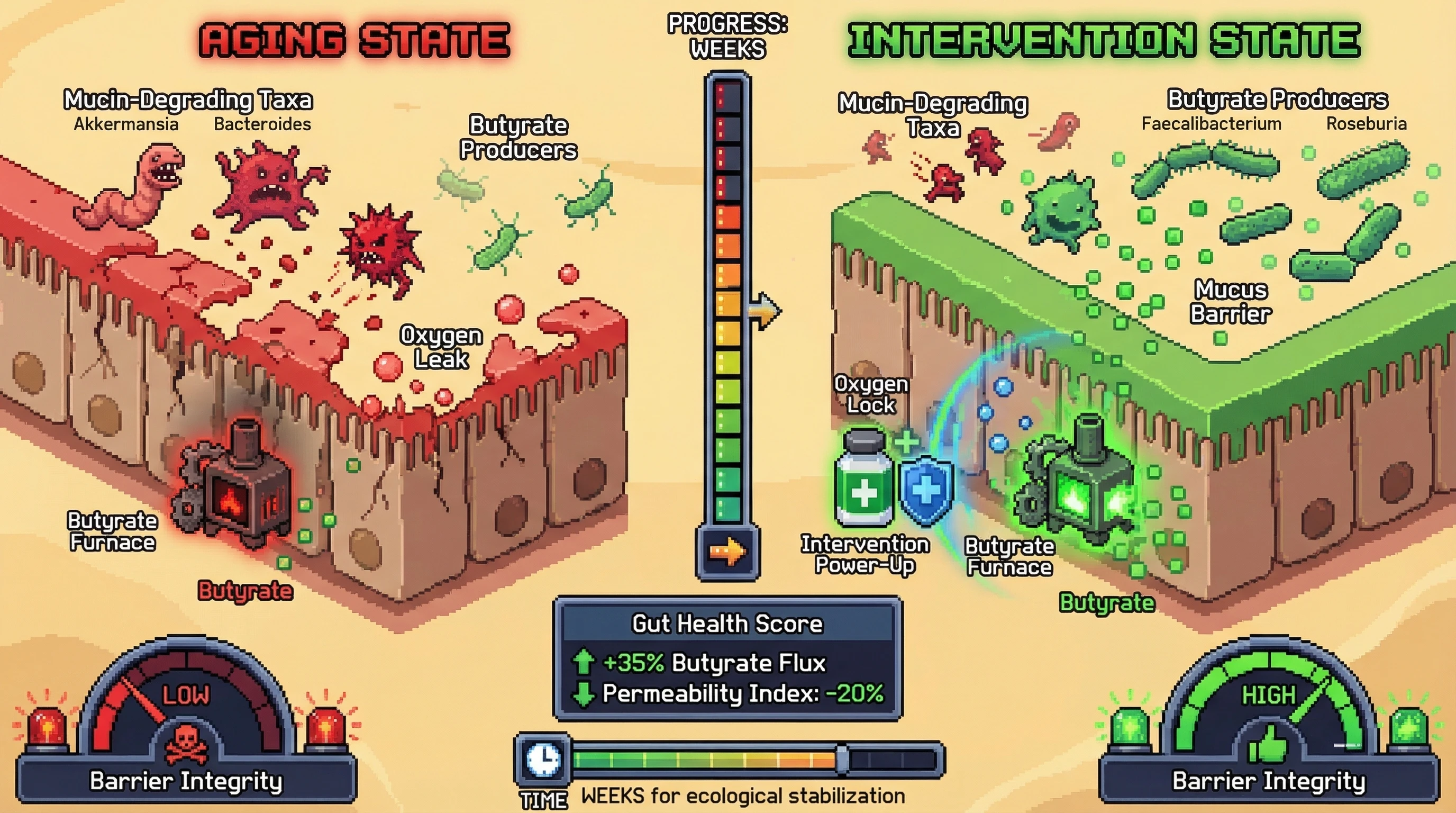 Infographic for: The Barrier-First Recovery Hypothesis: Re-oxygenating Colonocytes Can Reverse Mucin-Degrader Dominance and Restore Butyrate Ecology in the Aging Gut