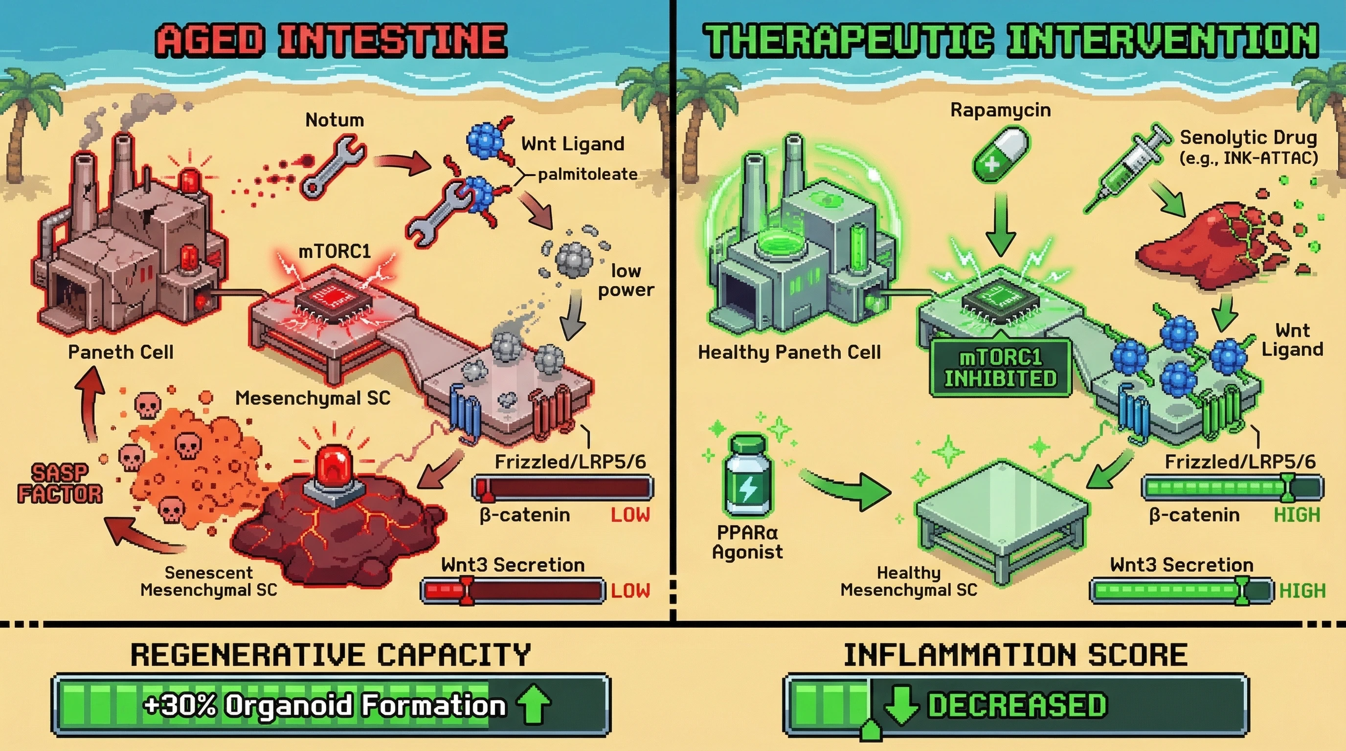 Infographic for: Notum-driven Wnt suppression creates a mesenchymal senescence barrier that limits intestinal stem cell rescue in aging