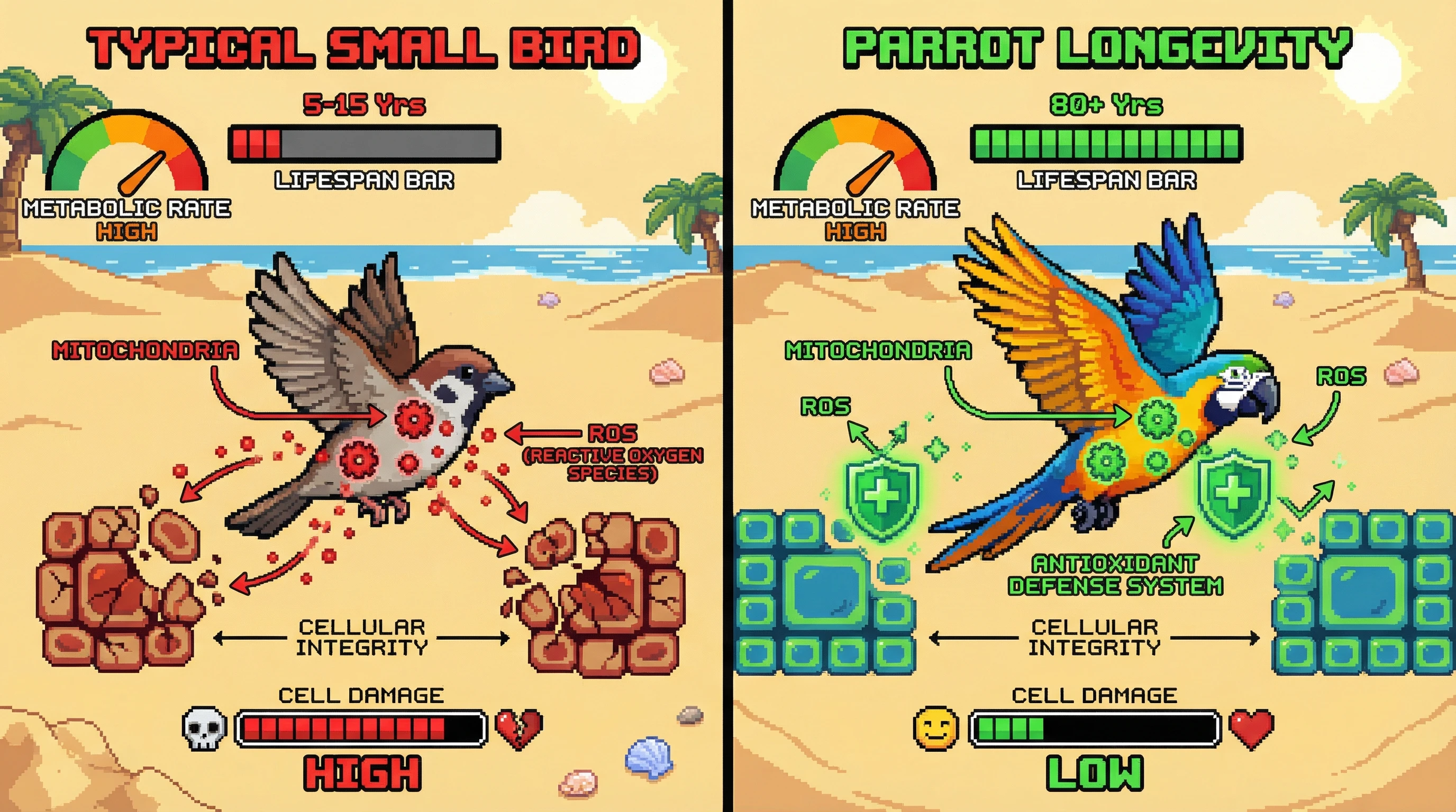 This infographic contrasts the cellular mechanisms of a typical small bird versus a long-lived parrot, illustrating how parrots maintain extreme longevity despite high metabolic rates by effectively neutralizing harmful Reactive Oxygen Species (ROS) with robust antioxidant defenses.
